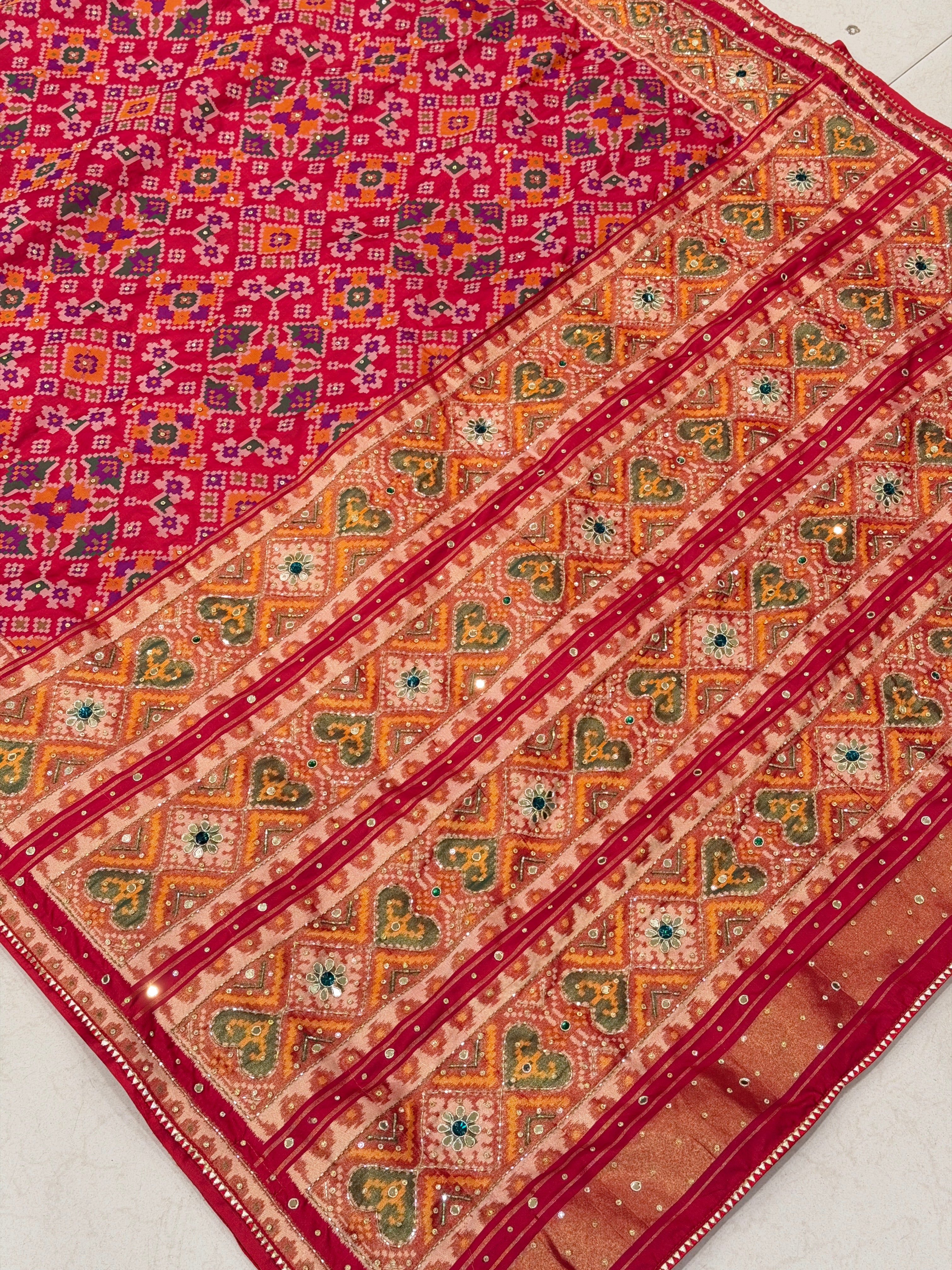 Red Patola Crystal Hand Embroidery Saree