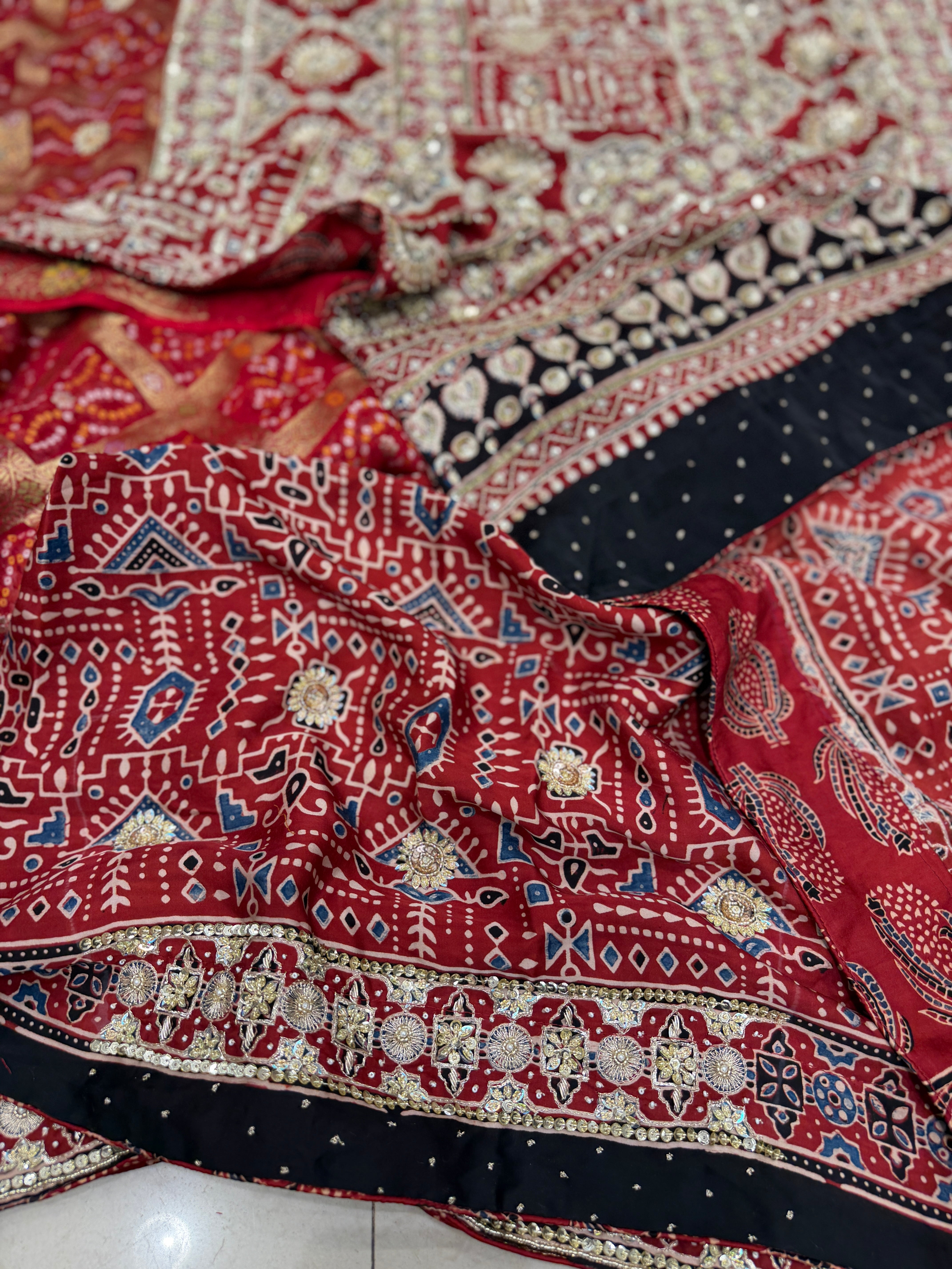 Red Gharchola Ajrakh Zardosi Pita Hand Embroidery Saree