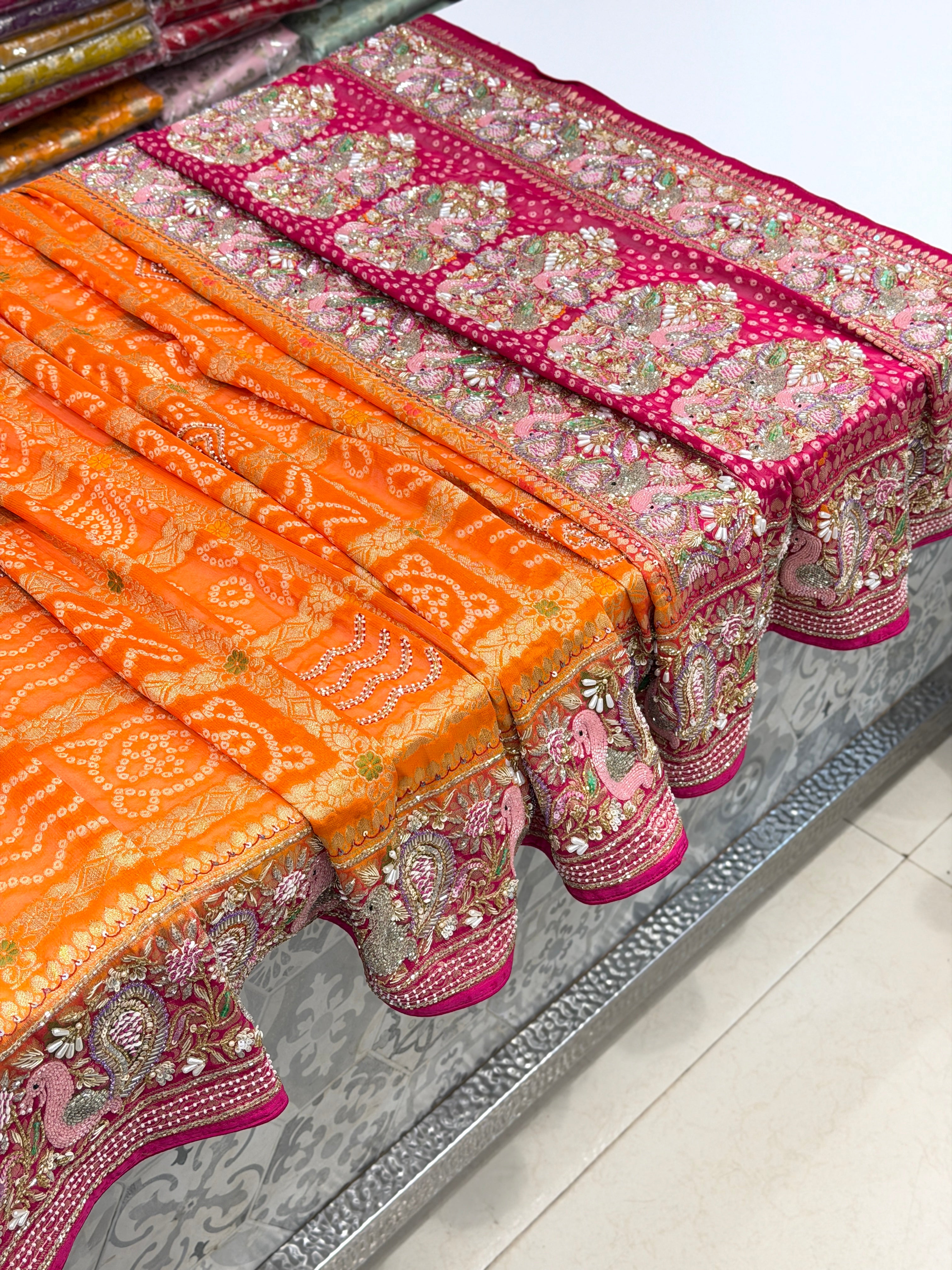 Orange Rani Gharchola Moti Sequin Zardosi Hand Embroidery Georgette Saree