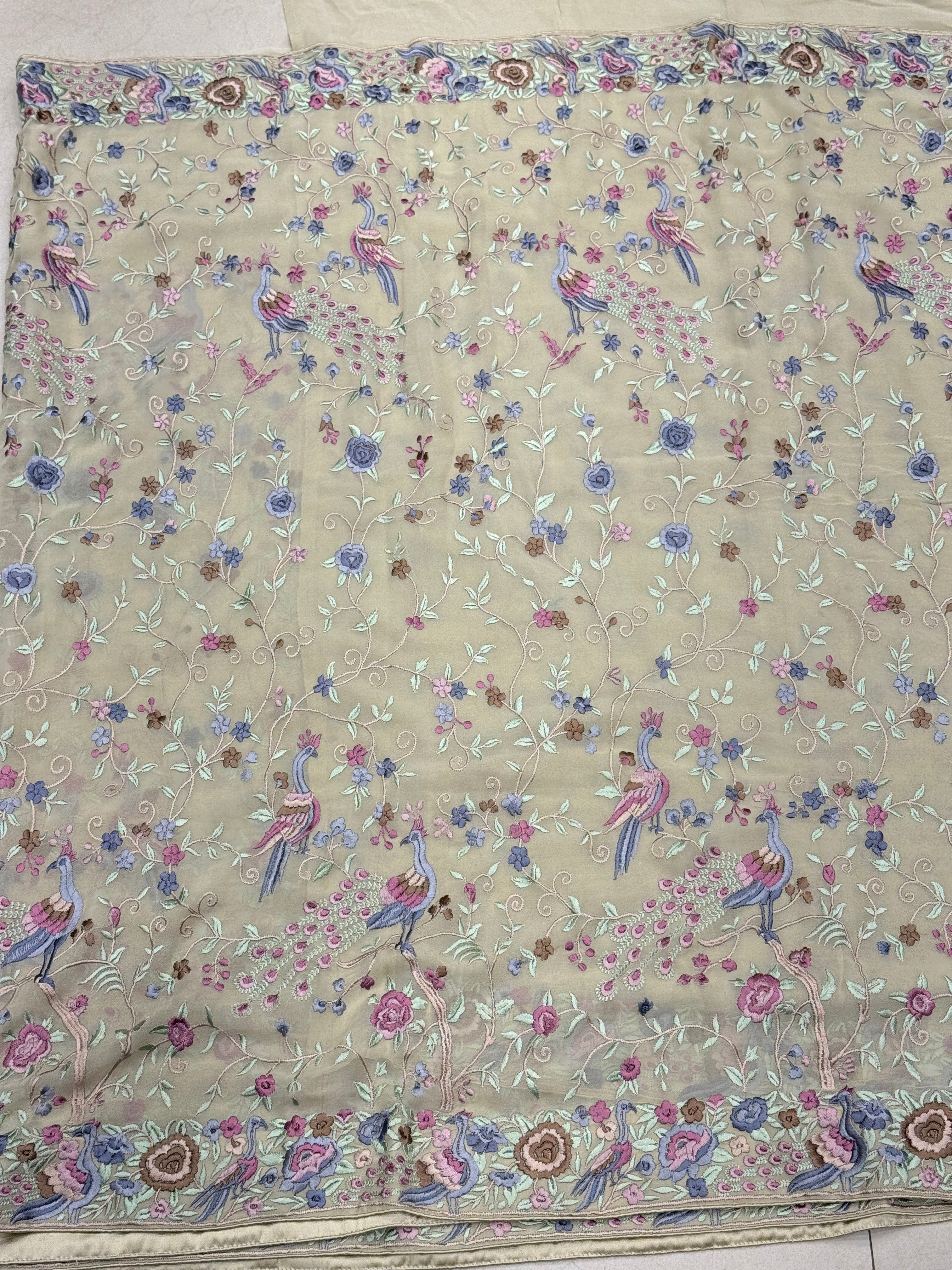 Beige Georgette Parsi Gara Peacock Design Saree