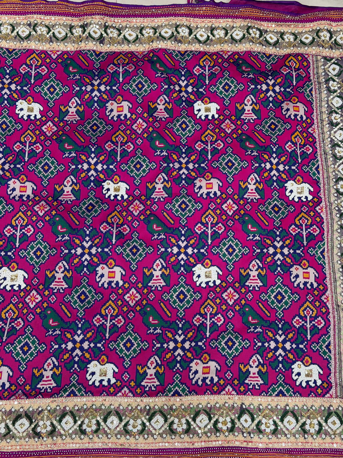 Rani Magenta Semi Silk Patola Kidiya Moti Hand Embroidery Saree