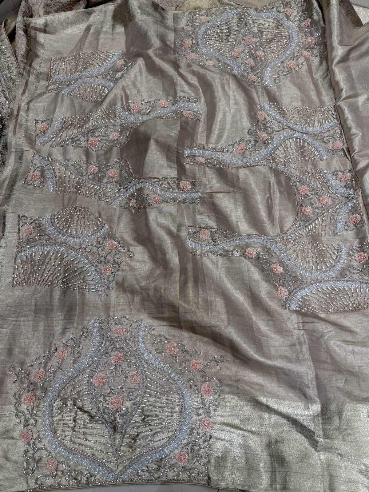 Silver Kanjivaram Heavy Blouse Three Zari Hand Embroidery Zardosi Moti Sequin Saree