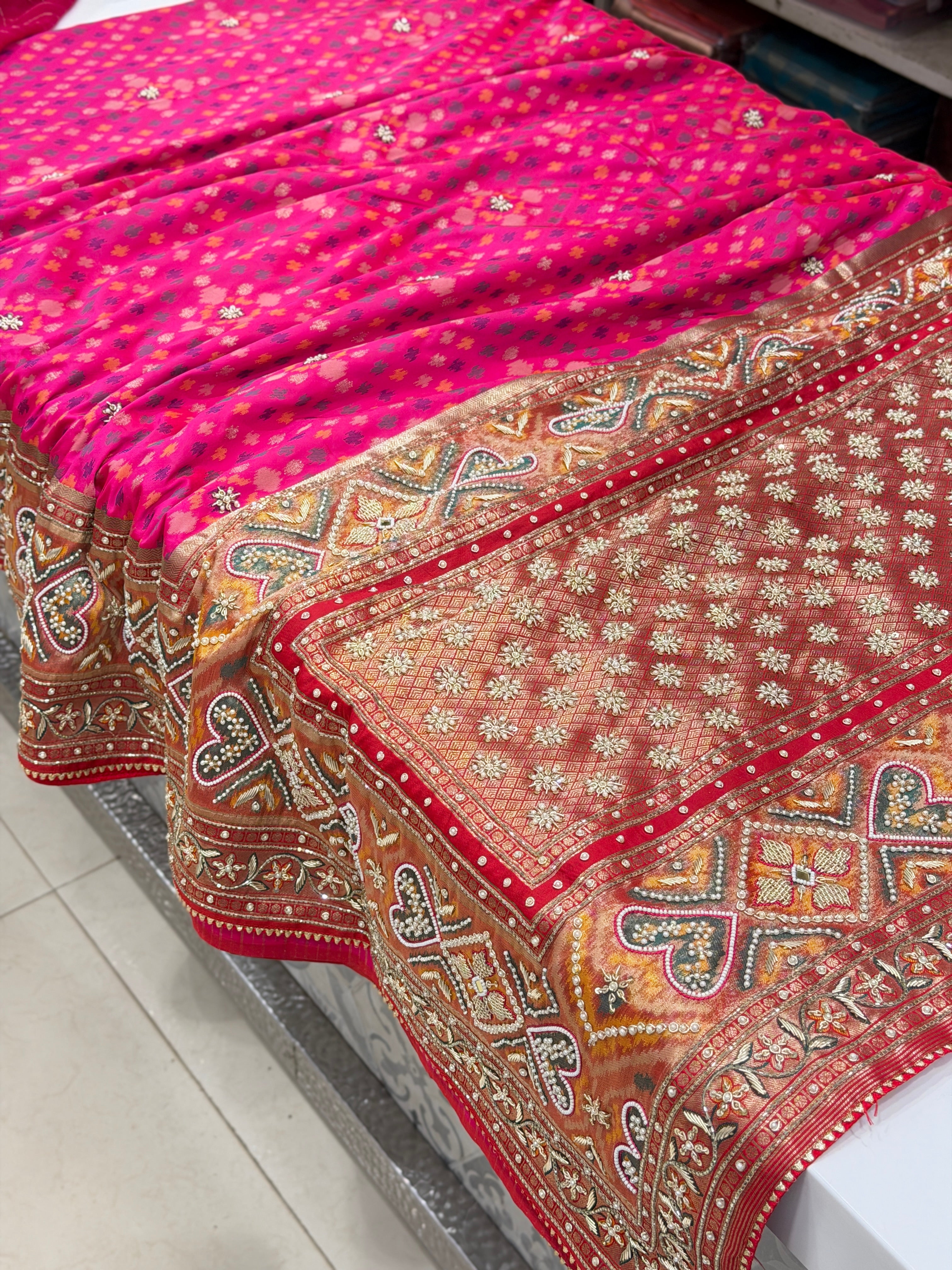 Rani Pink Patola Zardosi Hand Embroidery Saree Small Ikat