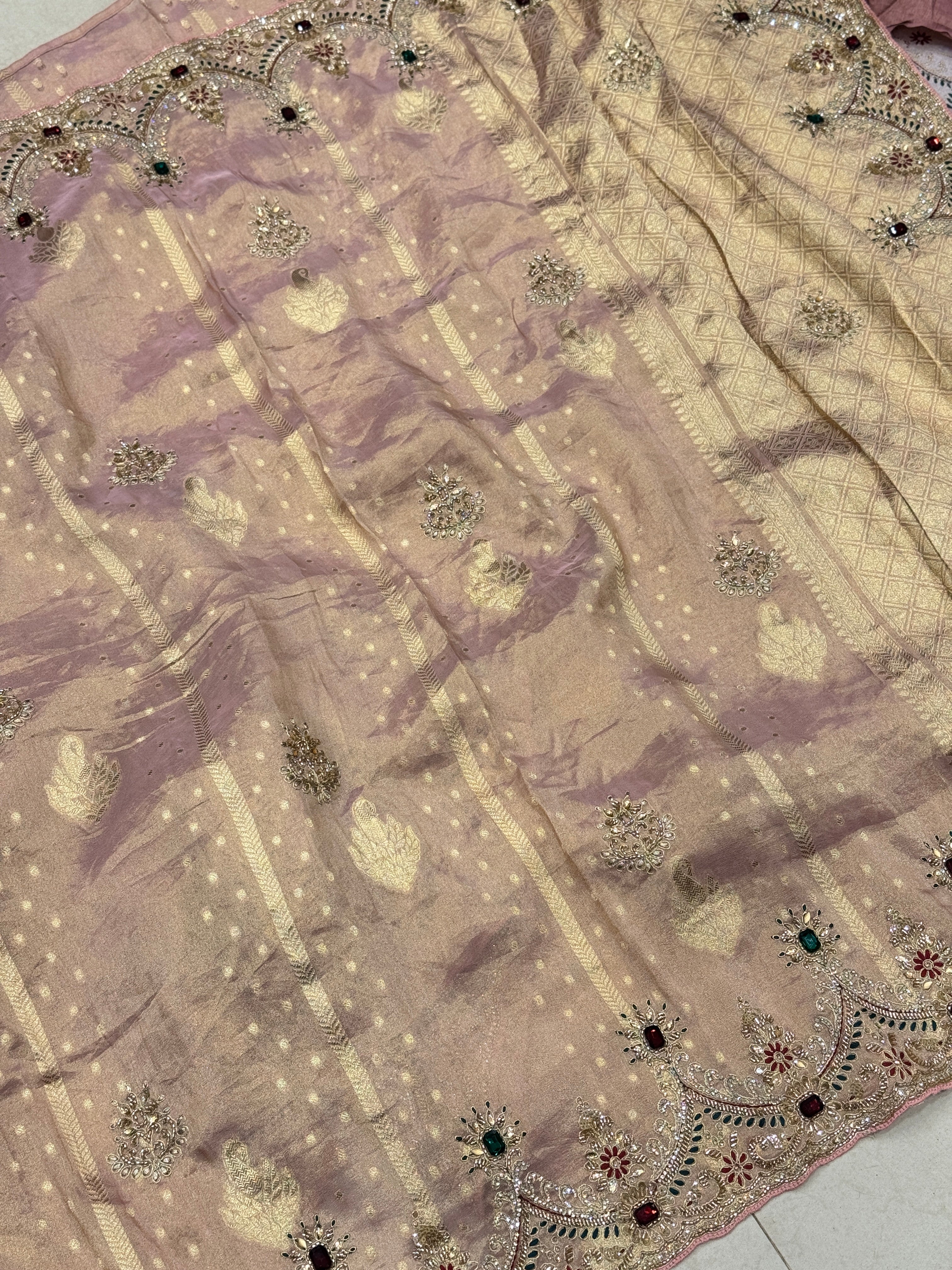 Pink Weaved Golden Silver Soft Tissue Pita Crystal Scallop Embroidery Saree