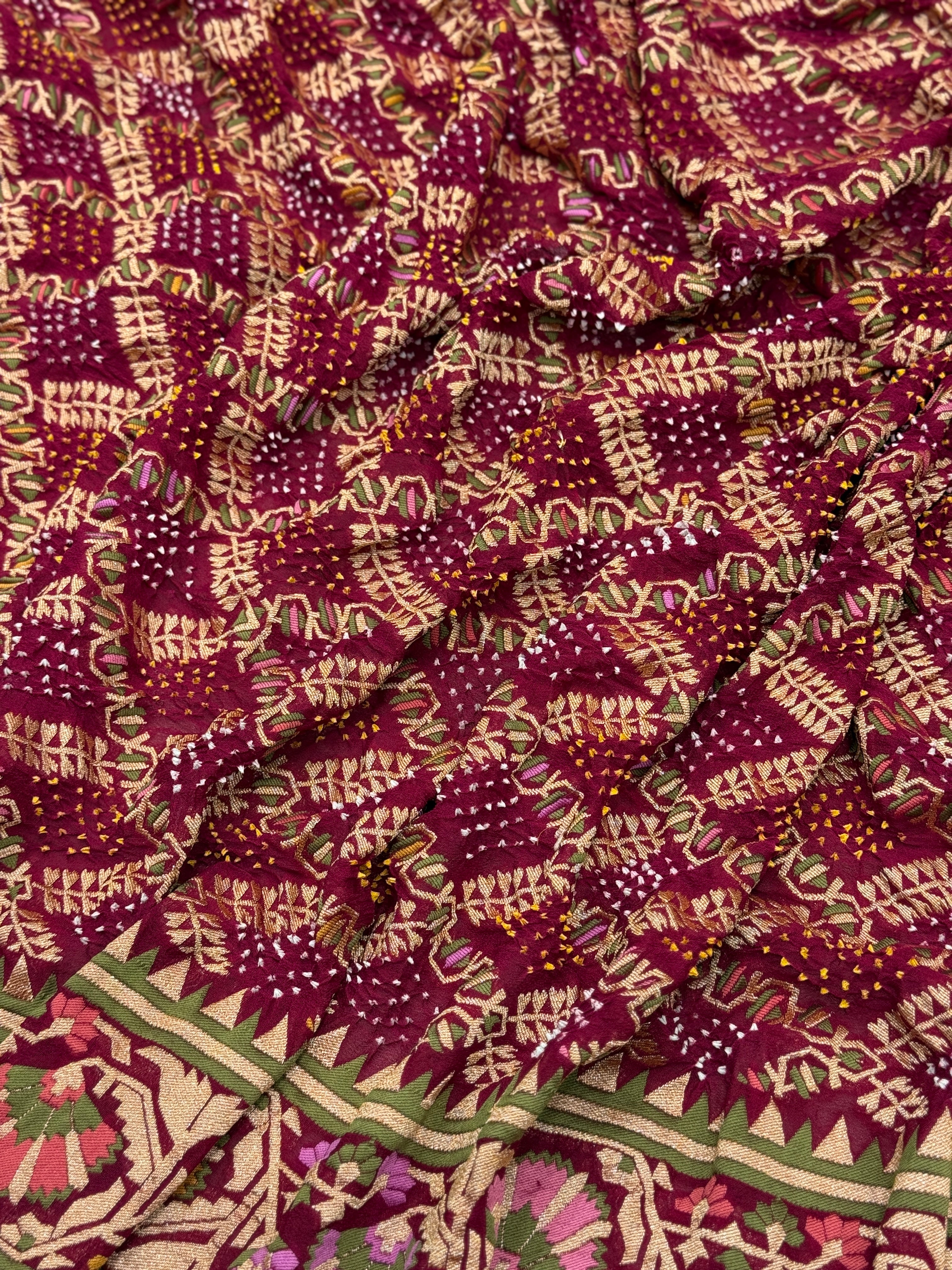 Wine Meenakari Rai Bandhej Floral Border Saree