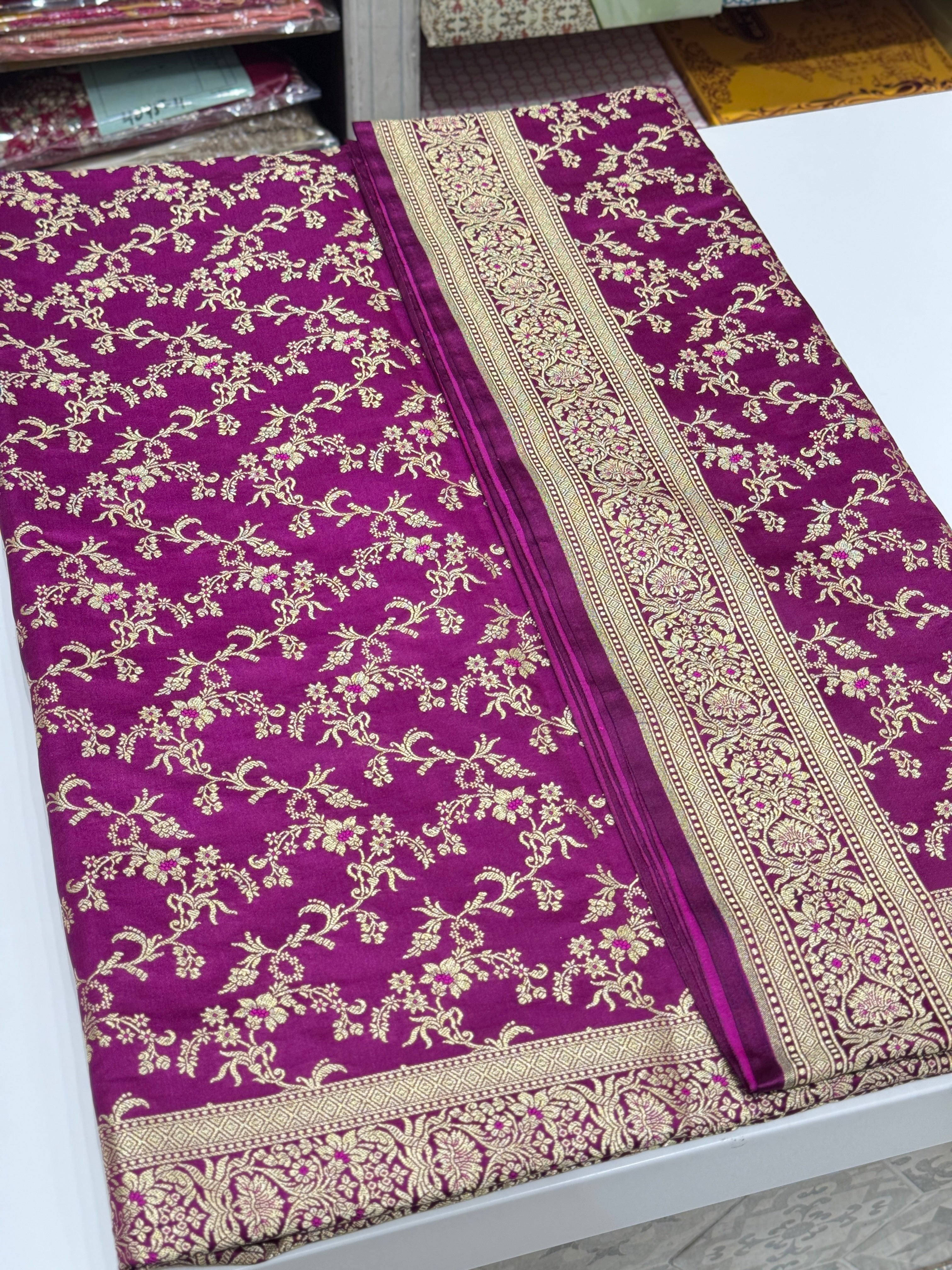 Wine Banarasi Silk Meena Flower Border Saree