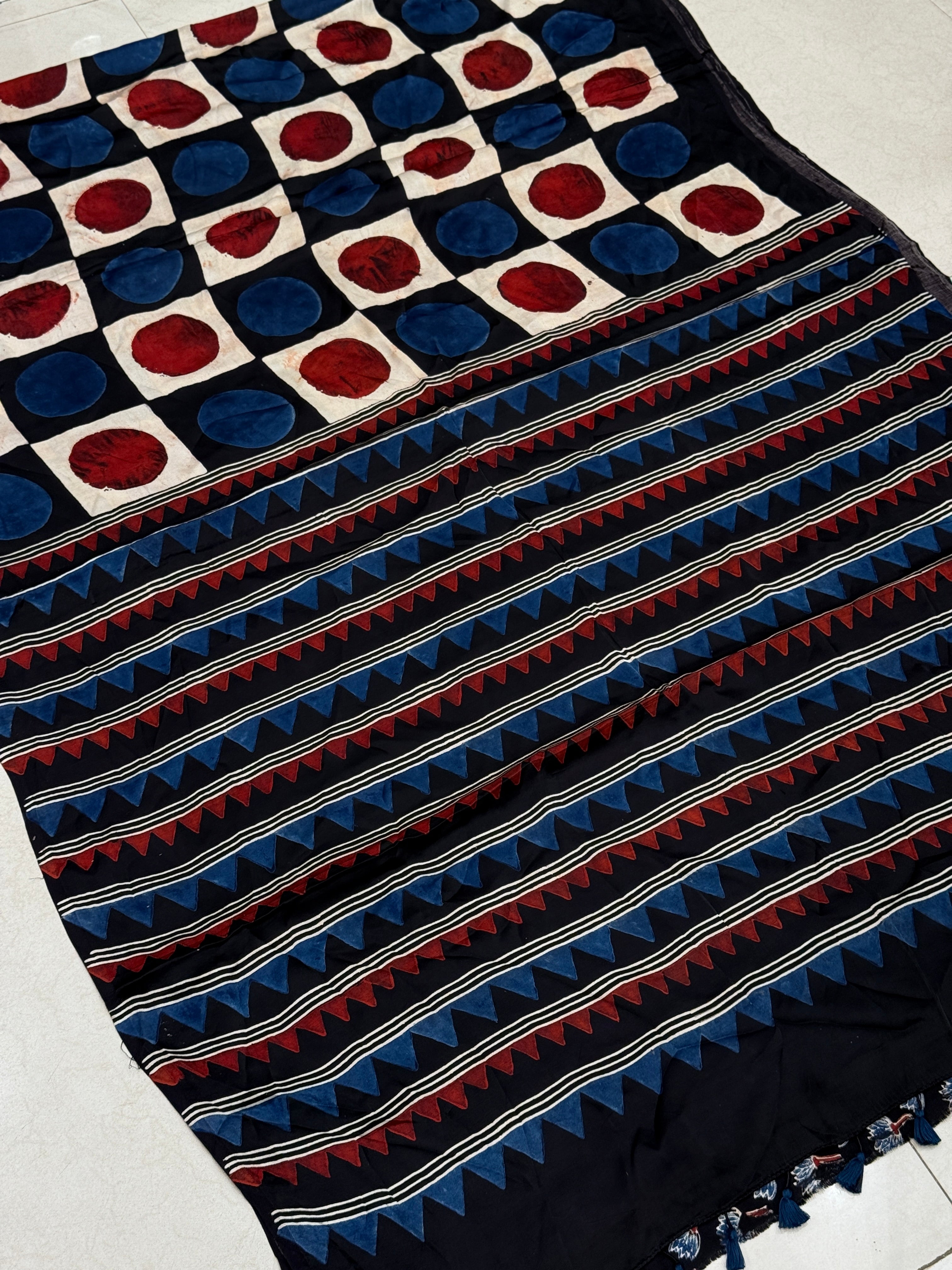 Black Red & Blue Checks Ajrakh Hand Block Print Pure Gajji Silk Saree