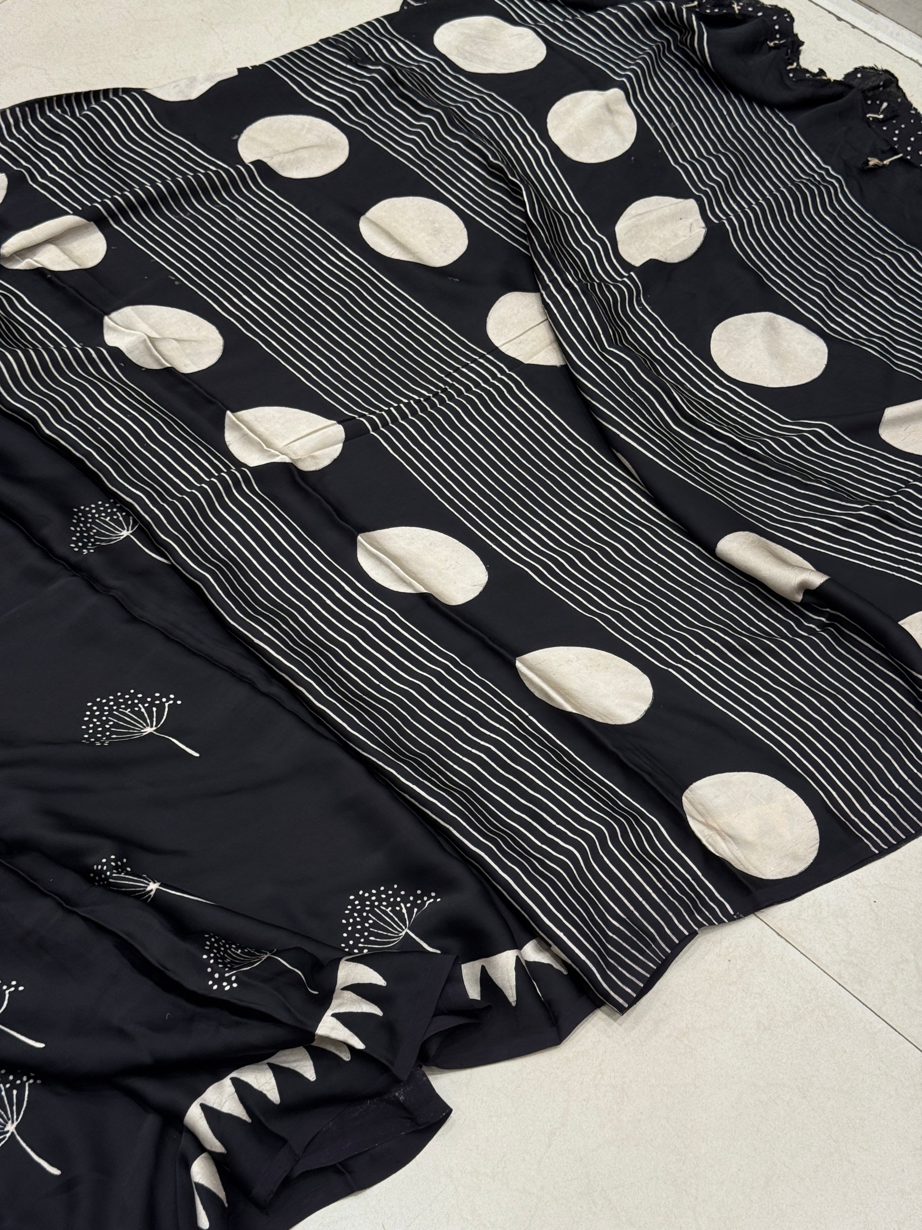 Black Contemporary Tree Buttis Ajrakh Block Print Hand Pure Gajji Silk Saree