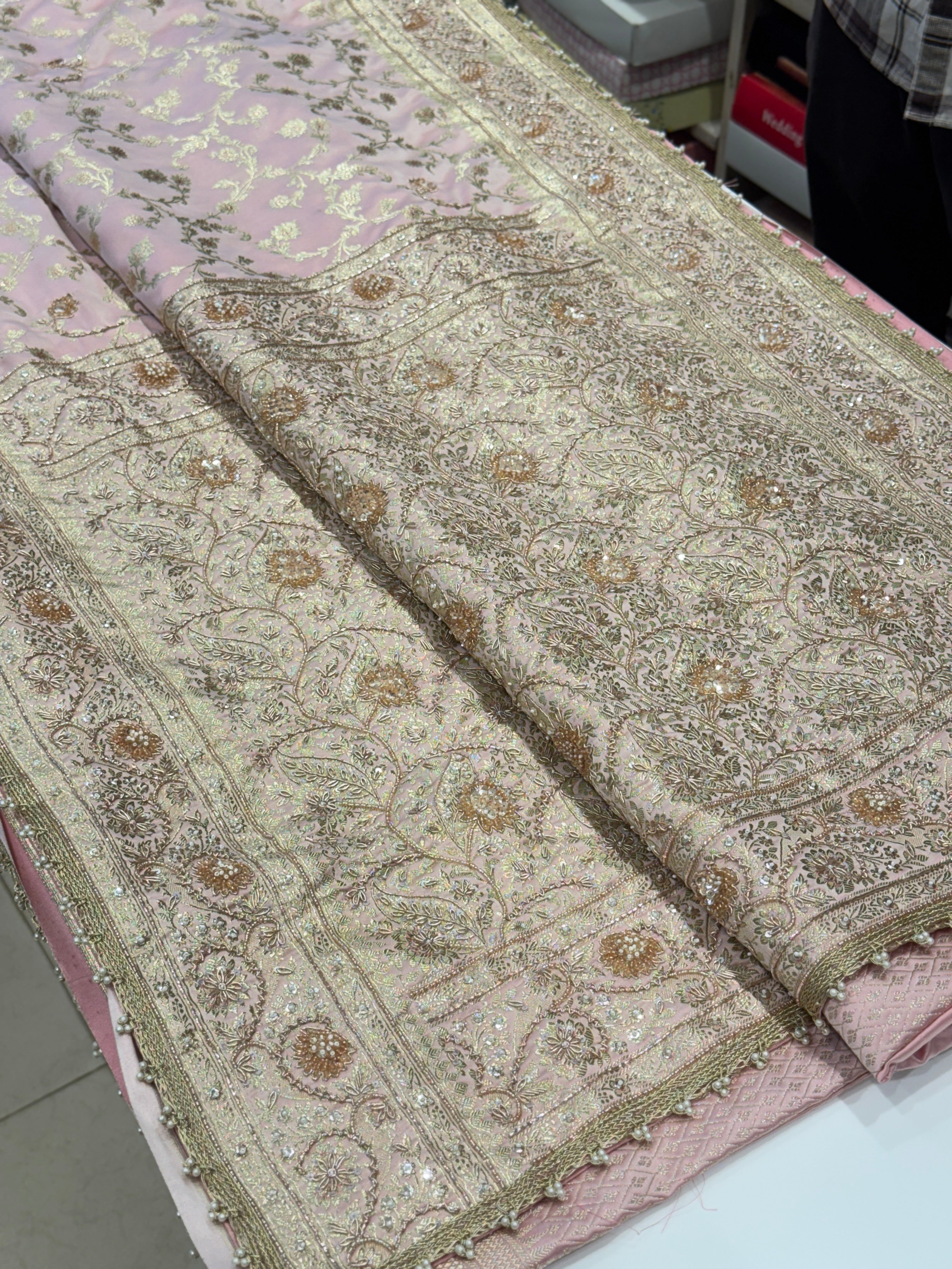 Pastel Pink Banarasi Sequin Zardosi Hand Embroidery Saree