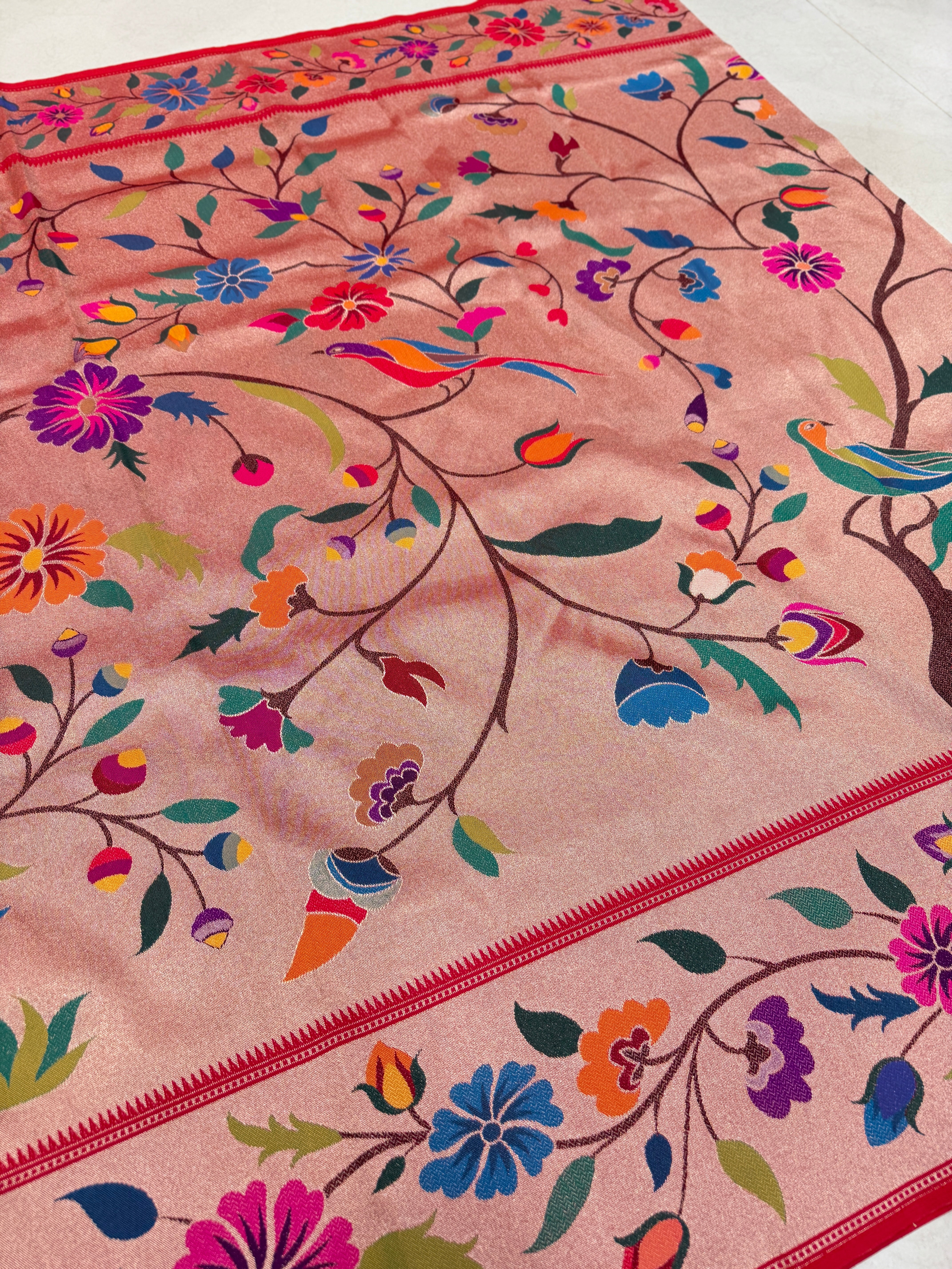 Golden Red Tissue Silk Paithani Meenakari Jaal Saree