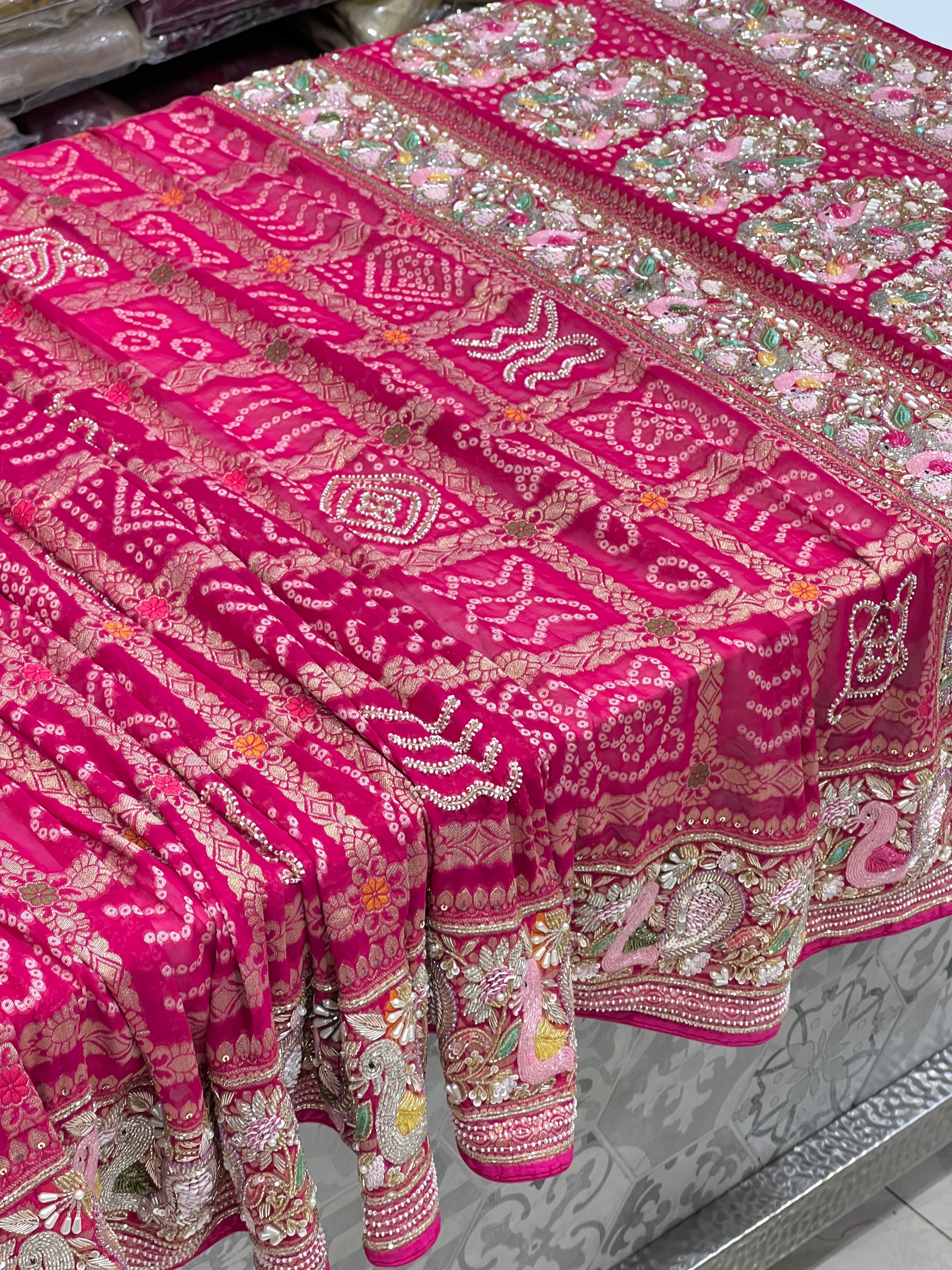 Rani Gharchola Moti Sequin Zardosi Hand Embroidery Georgette Saree