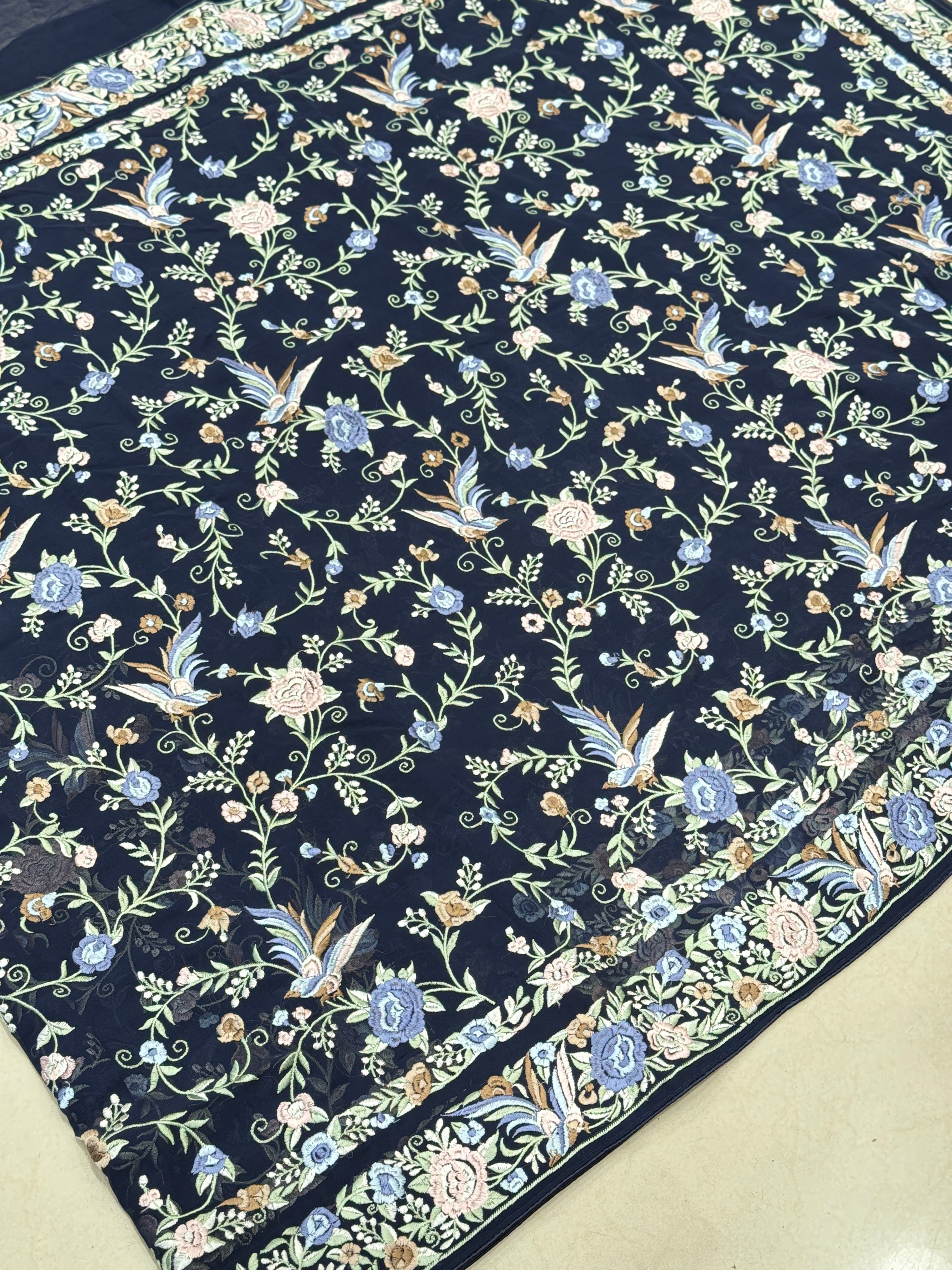 Blue Double Border Georgette Parsi Gara Saree