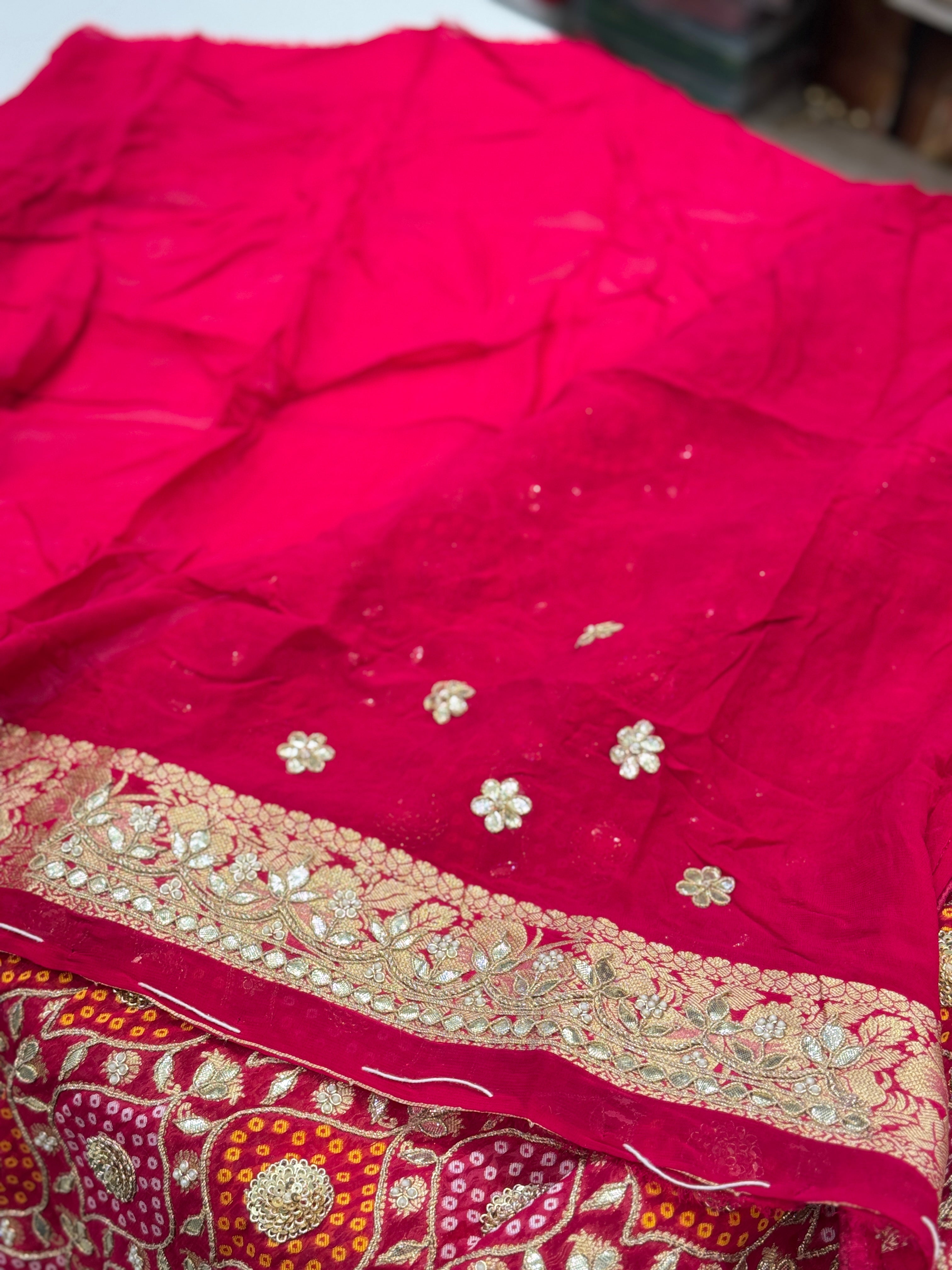 Rani Pink Georgette Woven Bandhej Gotapatti Zardosi Hand Embroidery Saree