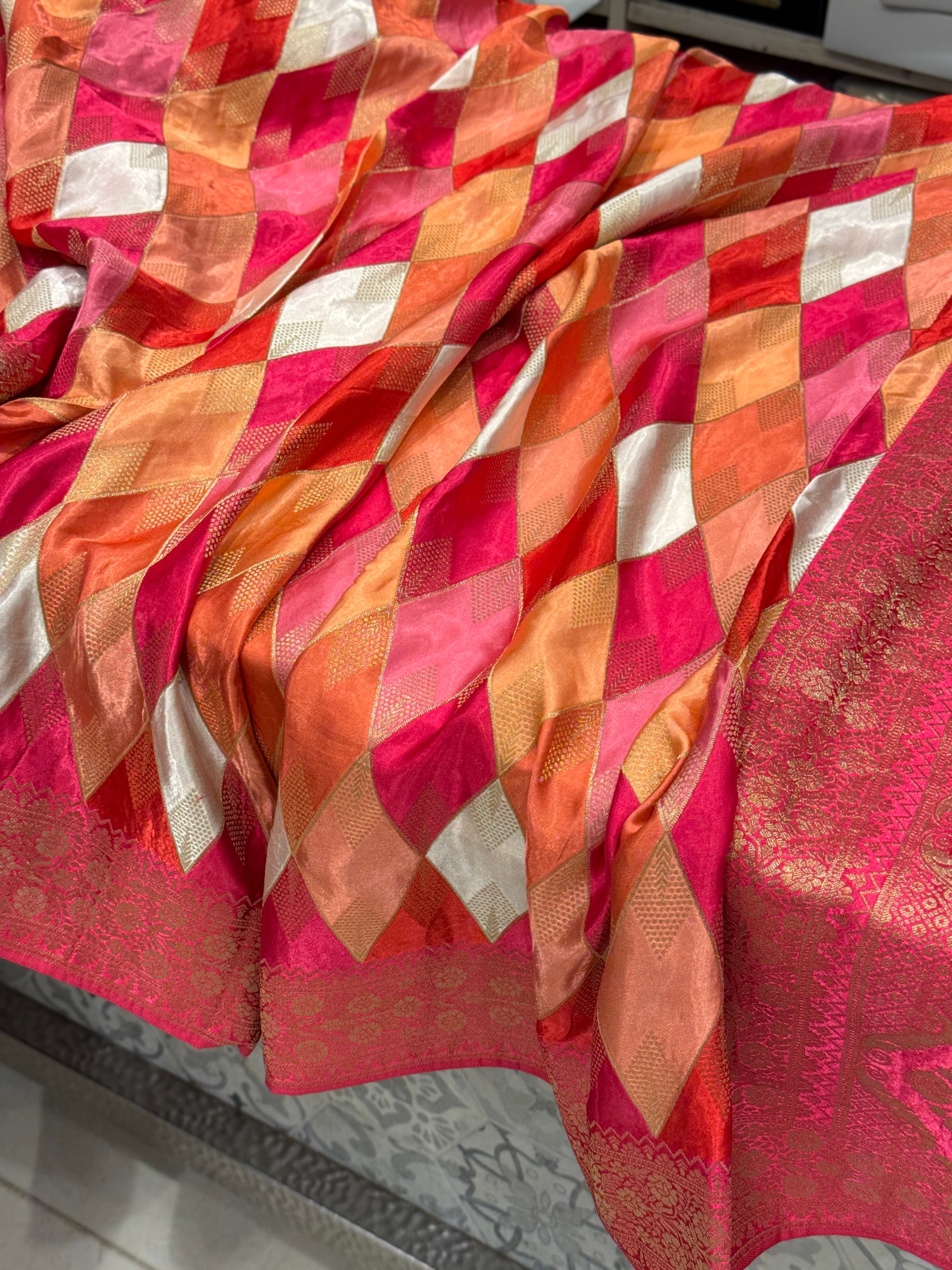 Moti White Contemporary Kaju Katli Design Banarasi Modal Satin Rangkat Saree