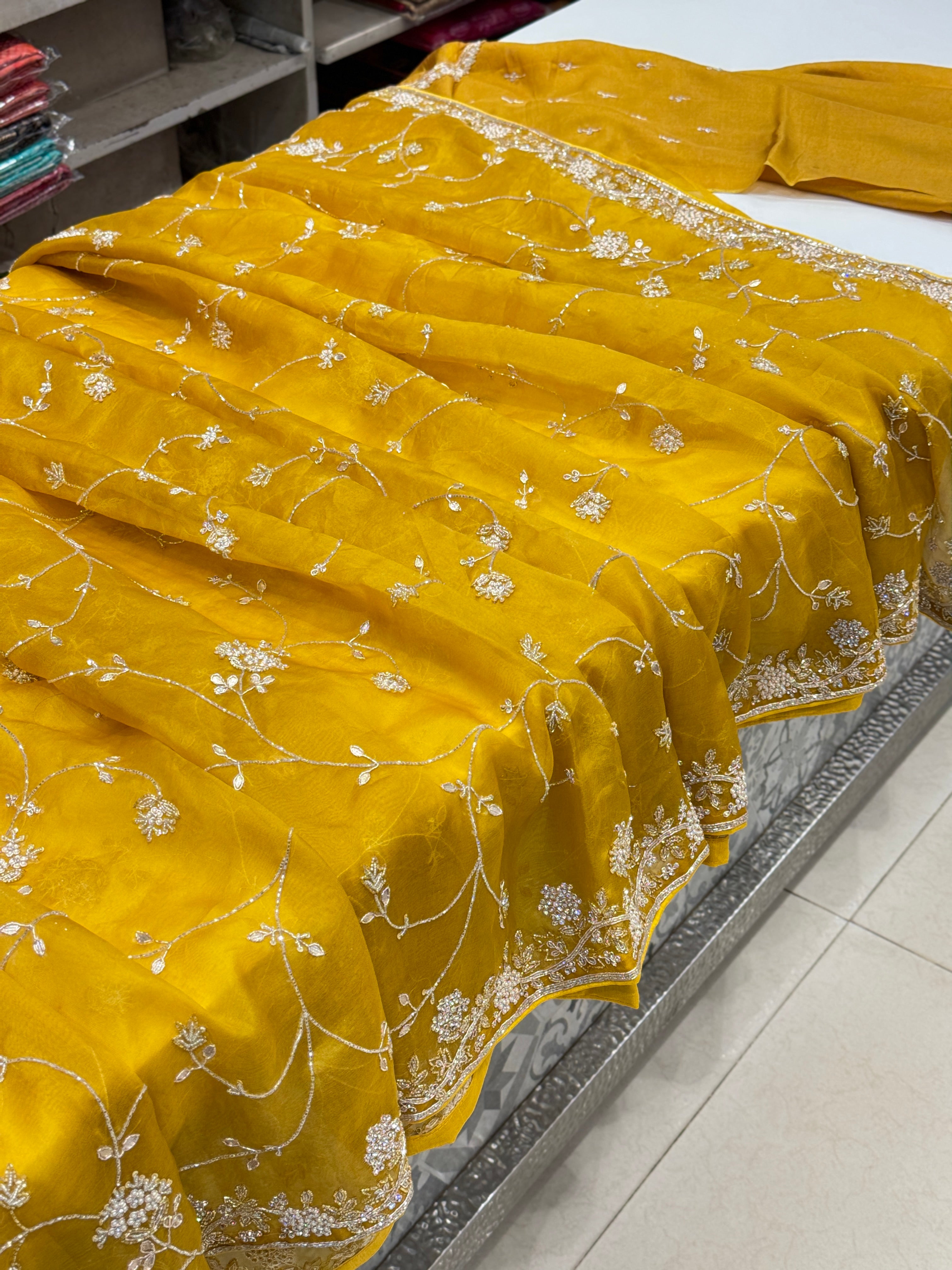 Mustard Yellow Pure Organza Saree