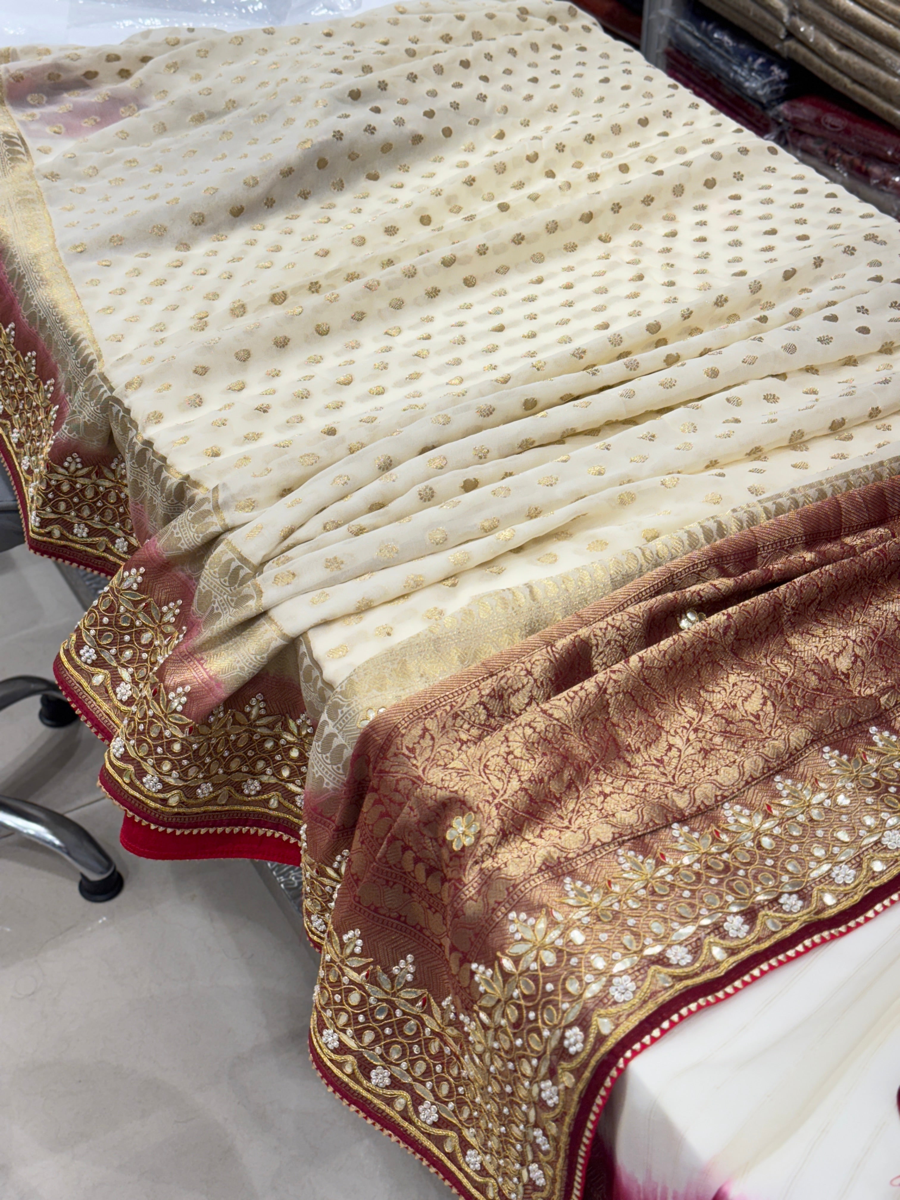 Beige Maroon Buttis Georgette Gotapatti Saree
