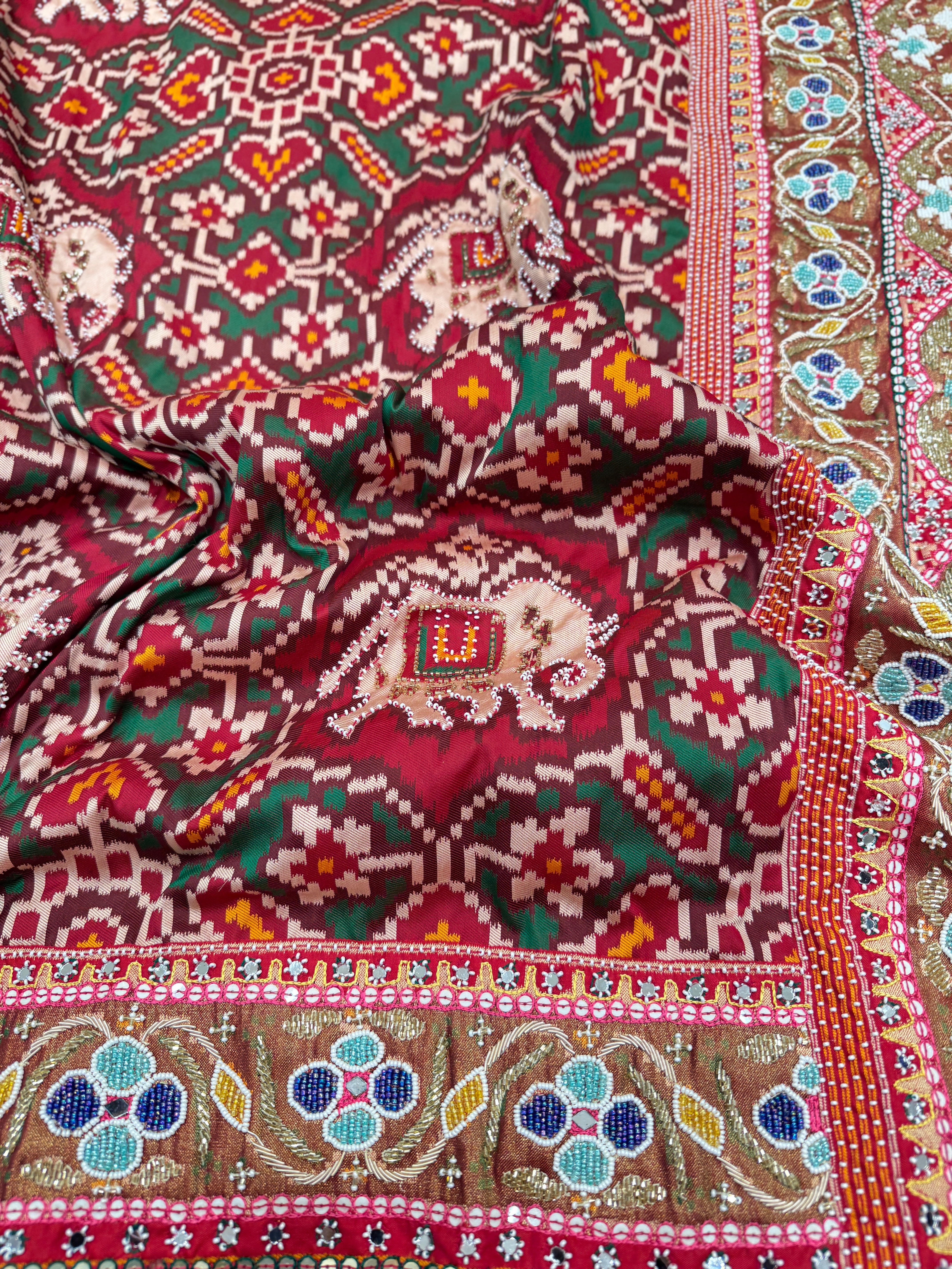 Maroon Patola Moti Zardosi Embroidery Saree