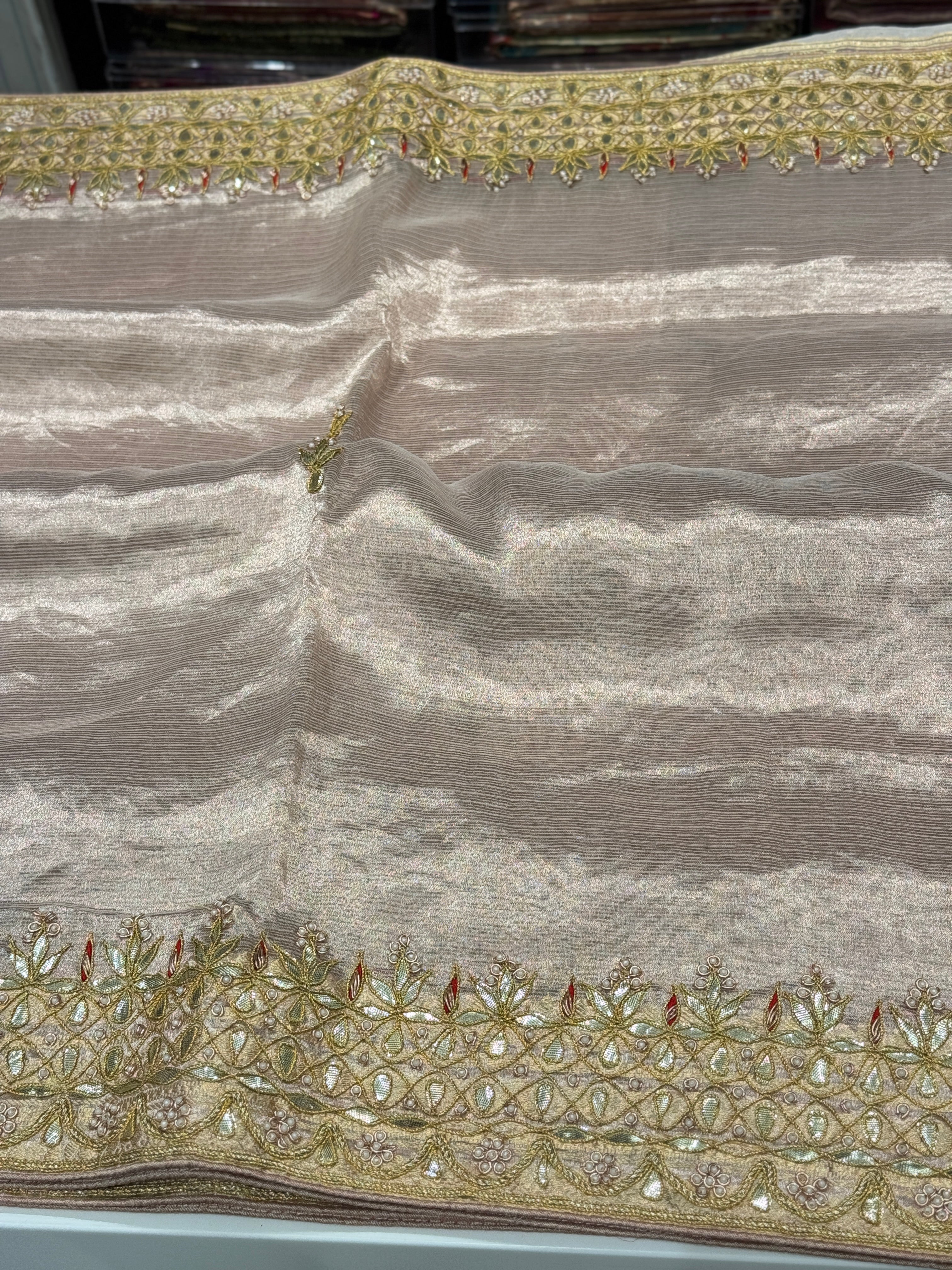 Pink Tissue Handloom Gotapatti Zardosi Hand Embroidery Saree