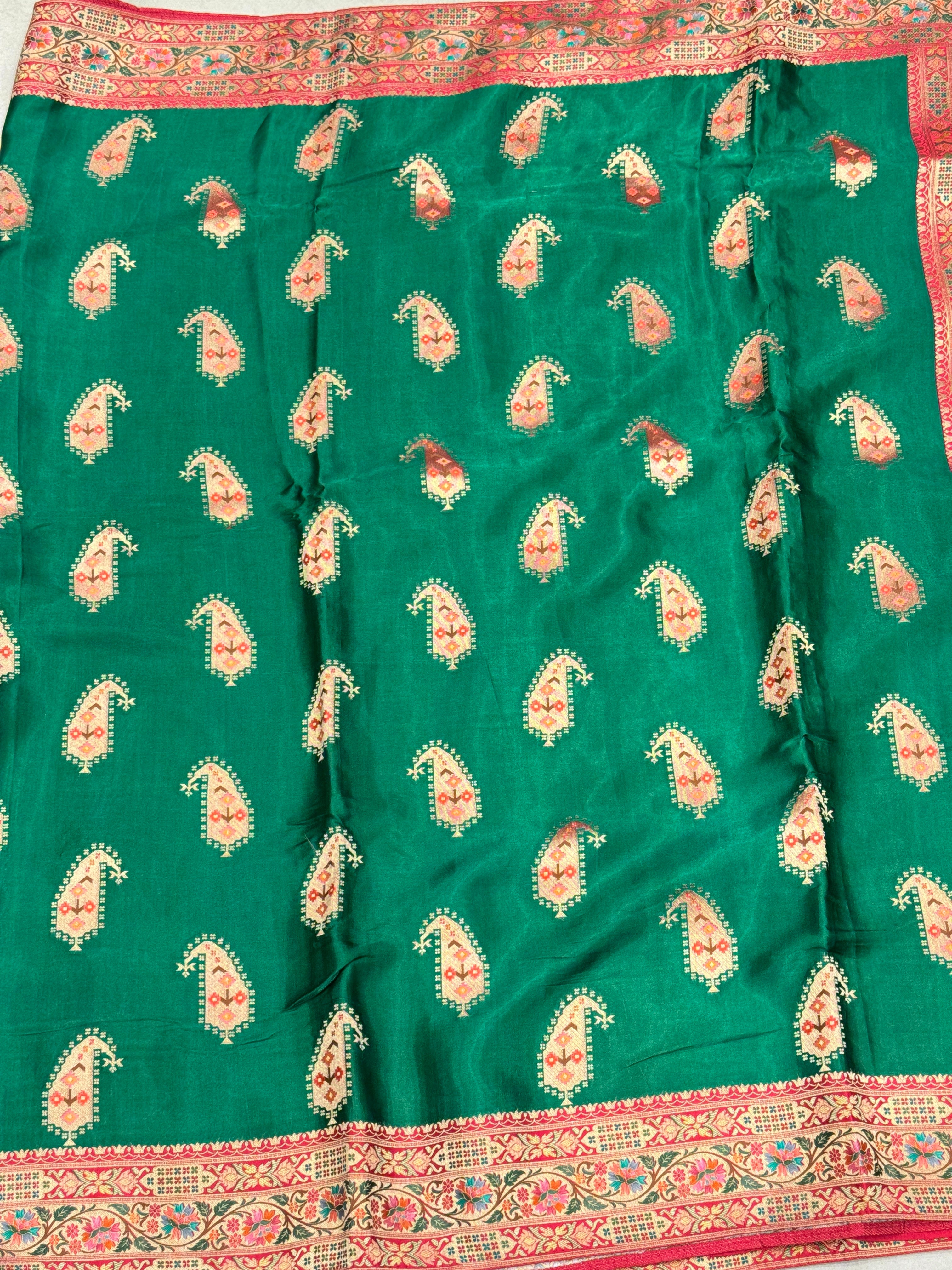 Bottle Green Banarasi Keri Butta Modal Satin Saree