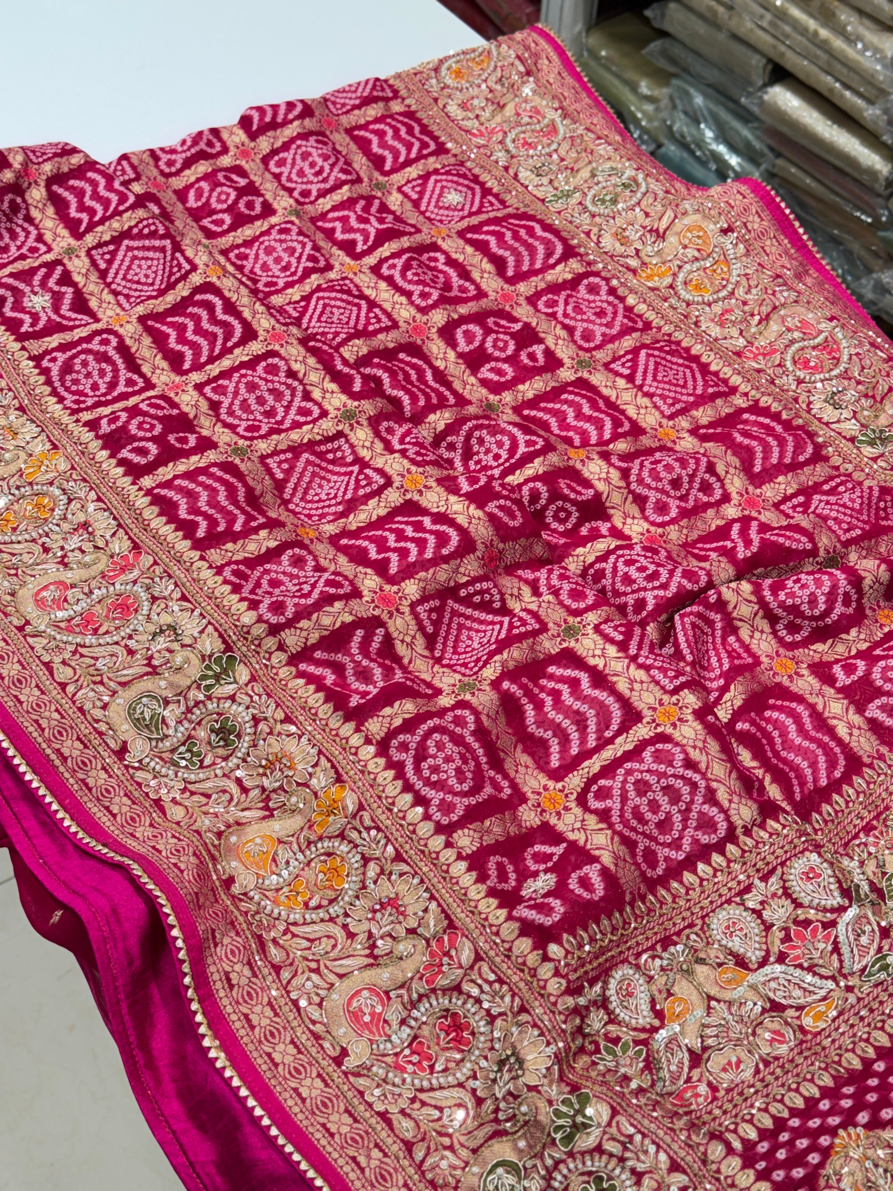 Rani Gharchola Weaved Bandhej Georgette Zardosi Hand Embroidery Saree