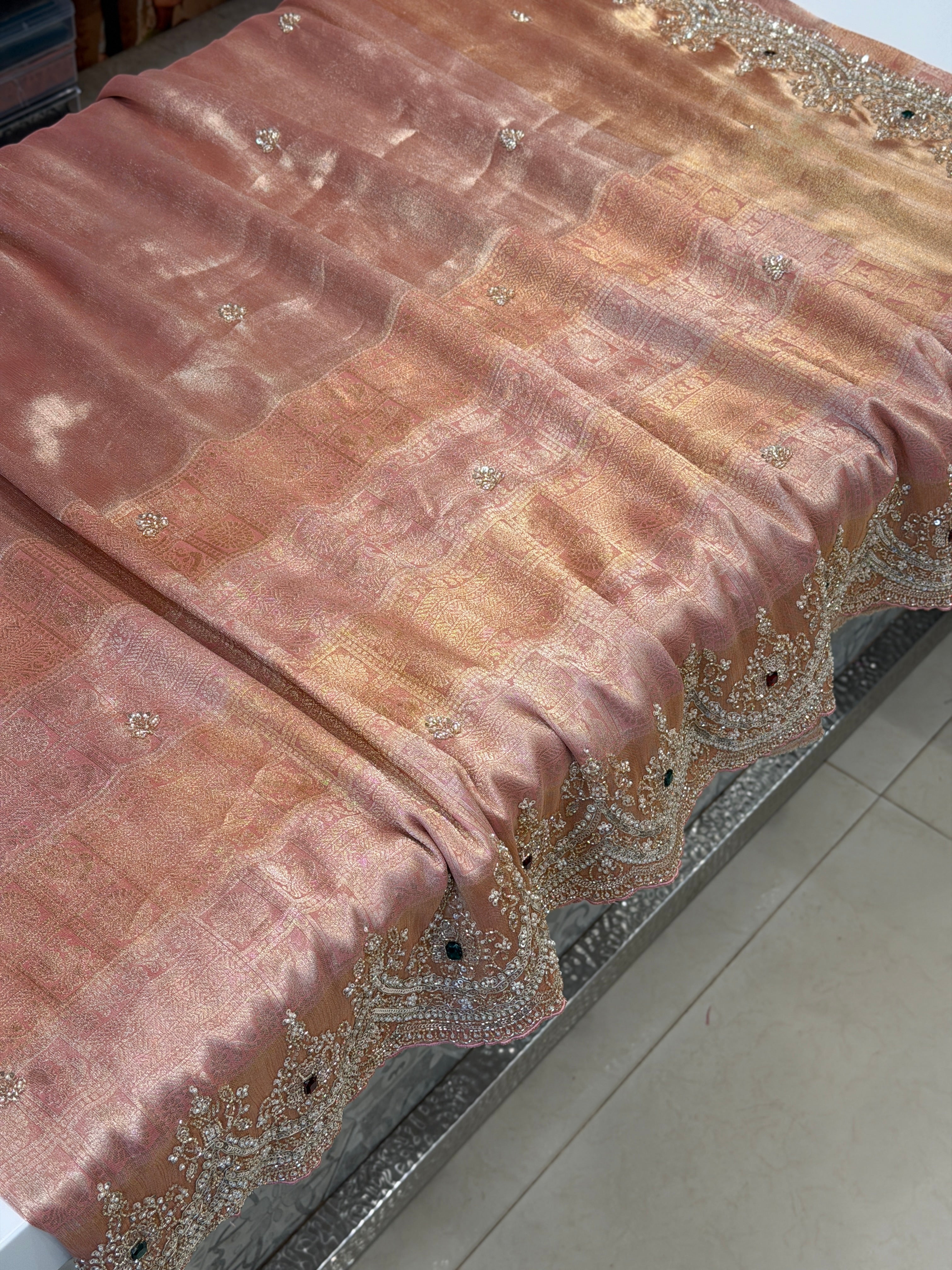 Pink Tissue Crepe Kanchi Style Weave Crystal Embroidery SareeMoti