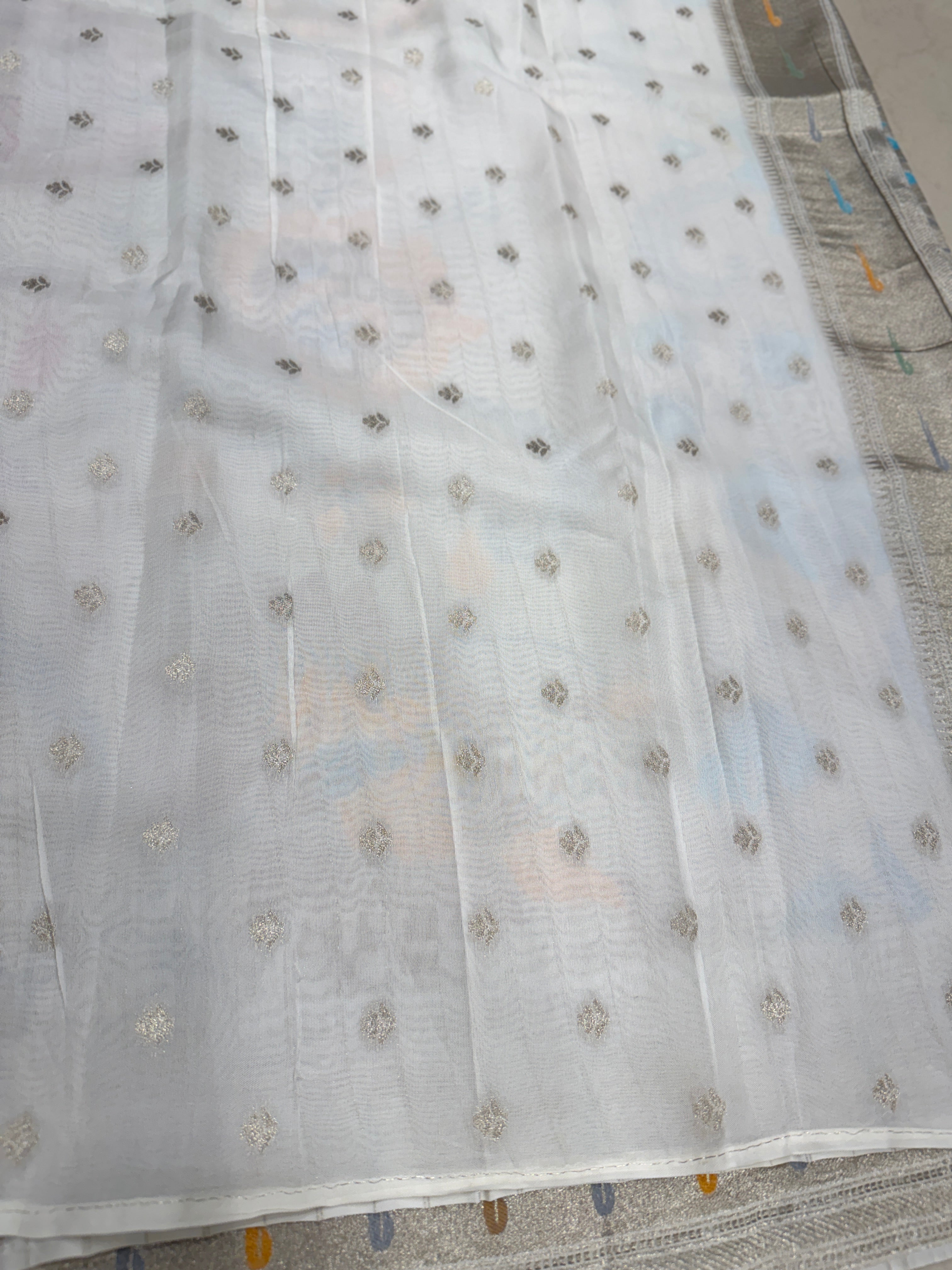 Silver Meenakari Muniya Tissue Munga Banarasi Paithani Saree