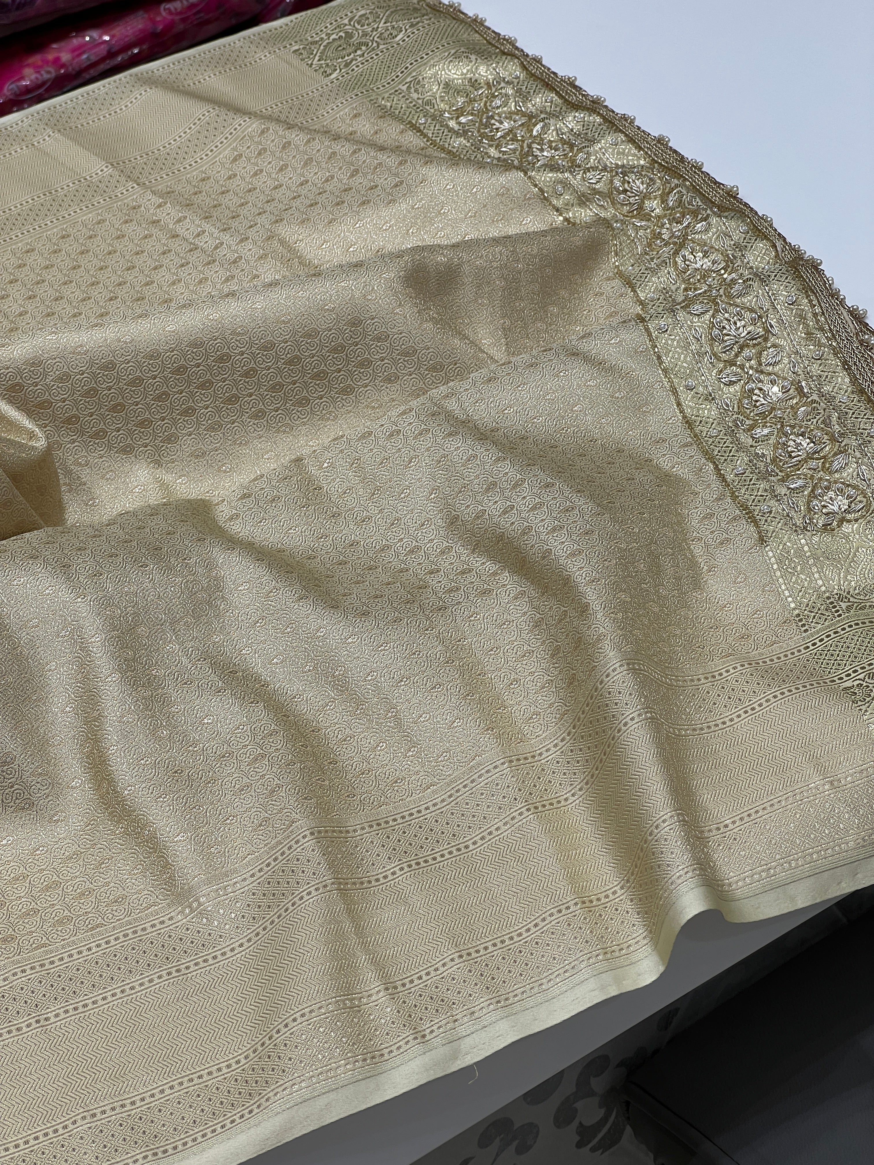 Beige Banarasi Silk Resham Hand Embroidery Saree