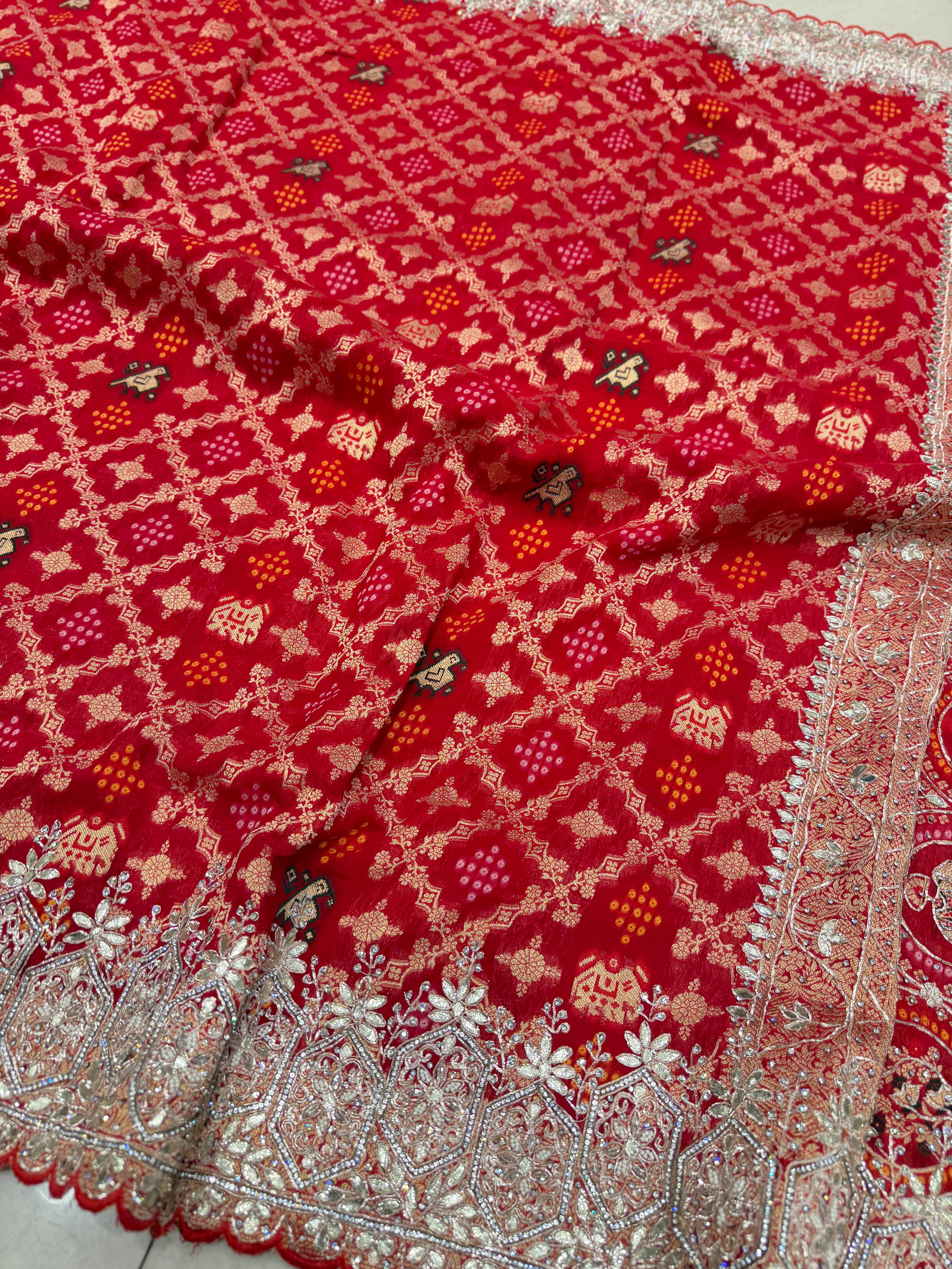 Red Woven Bandhej Patola Zardodi Pita Hand Embroidery Saree
