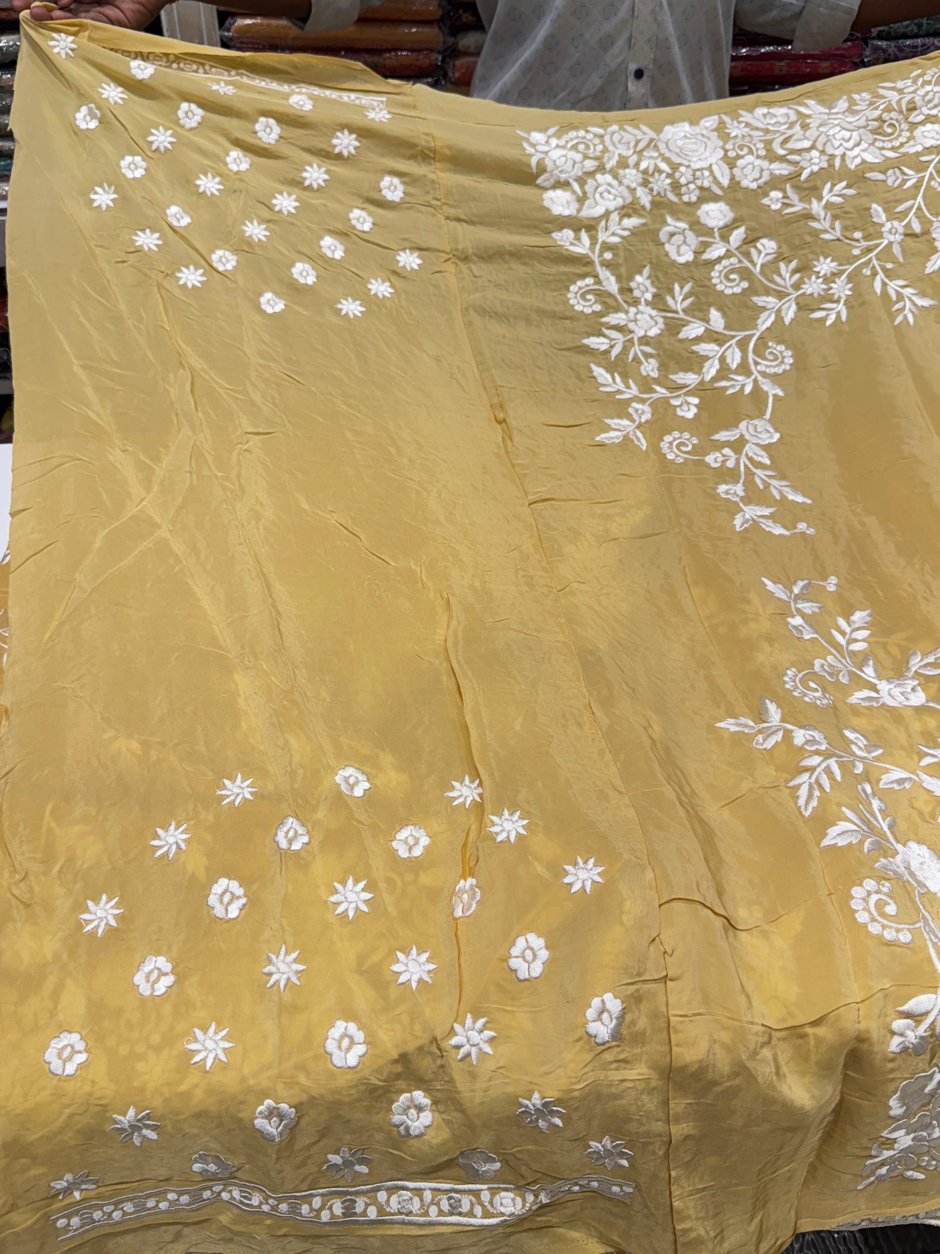 Yellow Crepe Floral Parsi Gara Saree