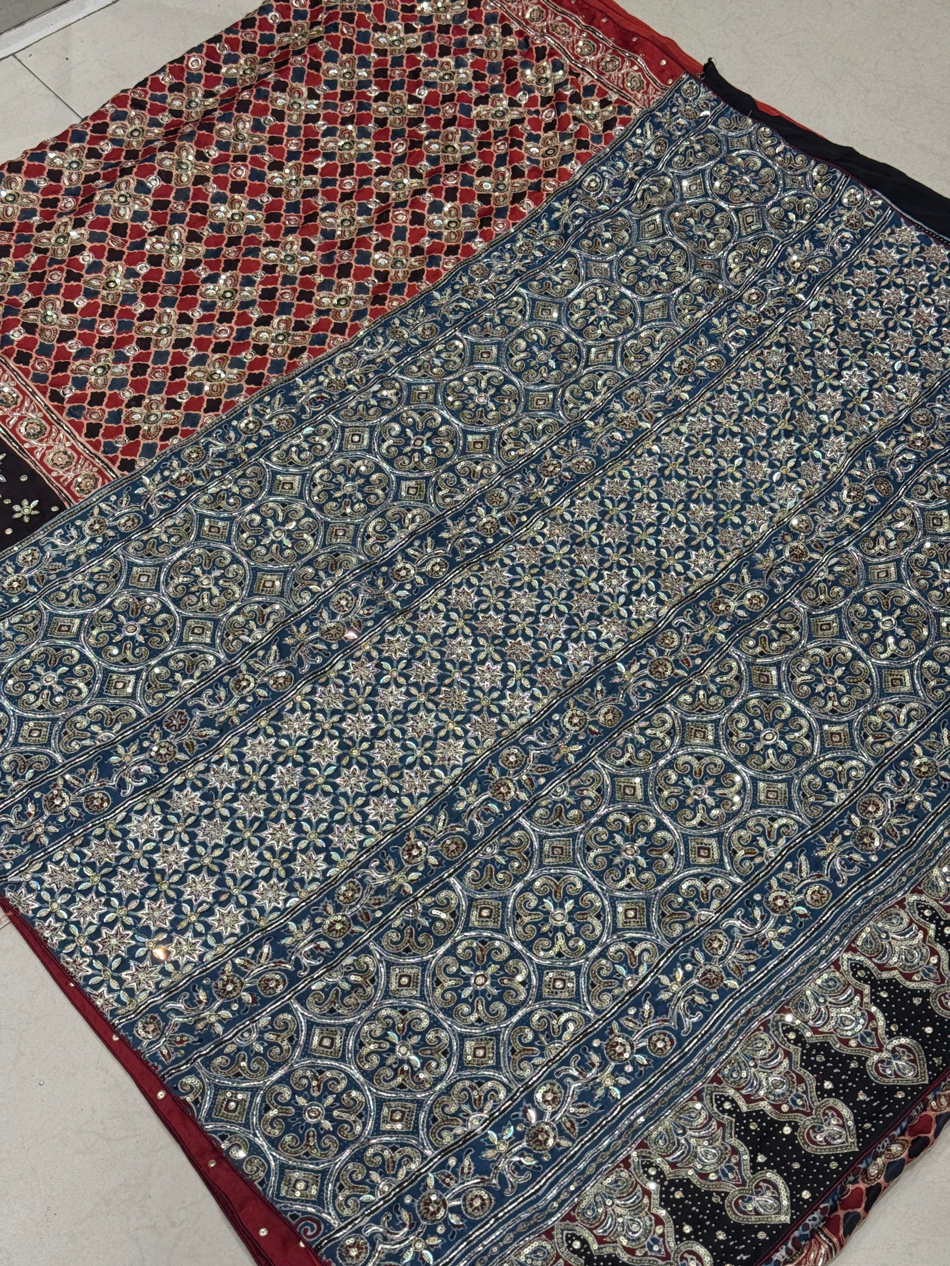 Red Blue Jali Buttas Pita Sequin Ajrakh Hand Embroidery Saree