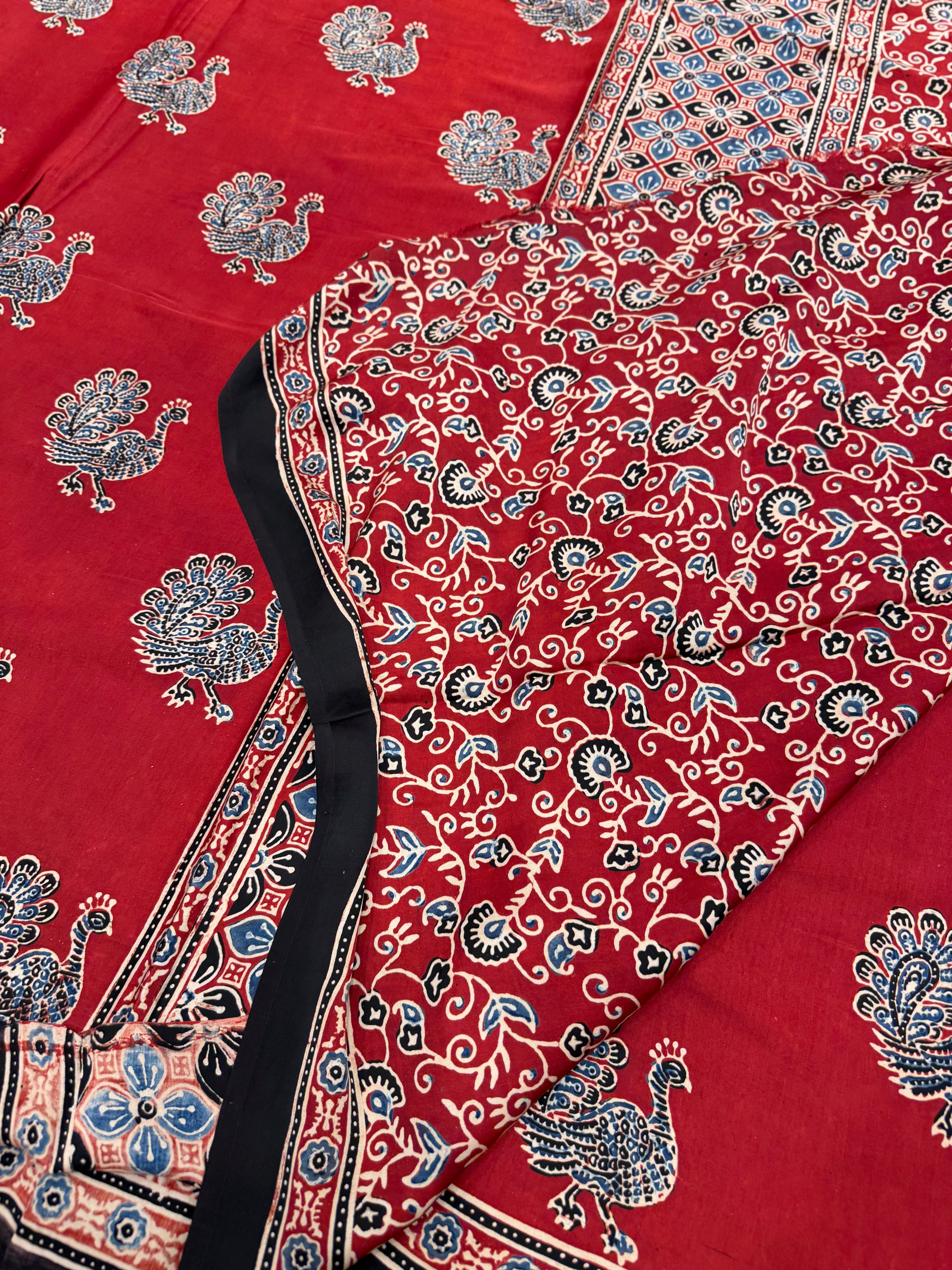 Red Peacock Motif Ajrakh Block Print Hand Pure Gajji Silk Saree