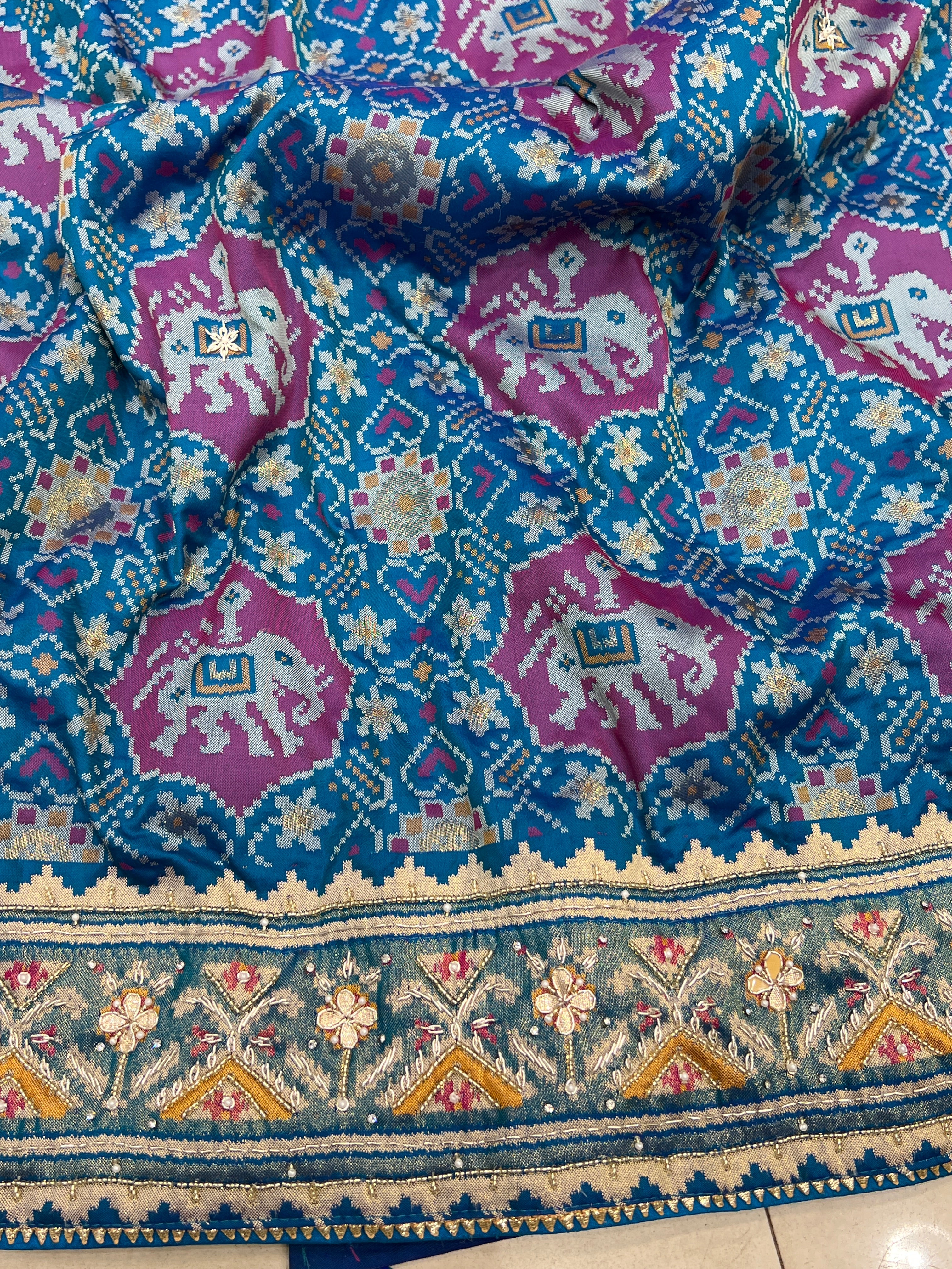 Blue Elephant Patola Hand Embroidery Saree