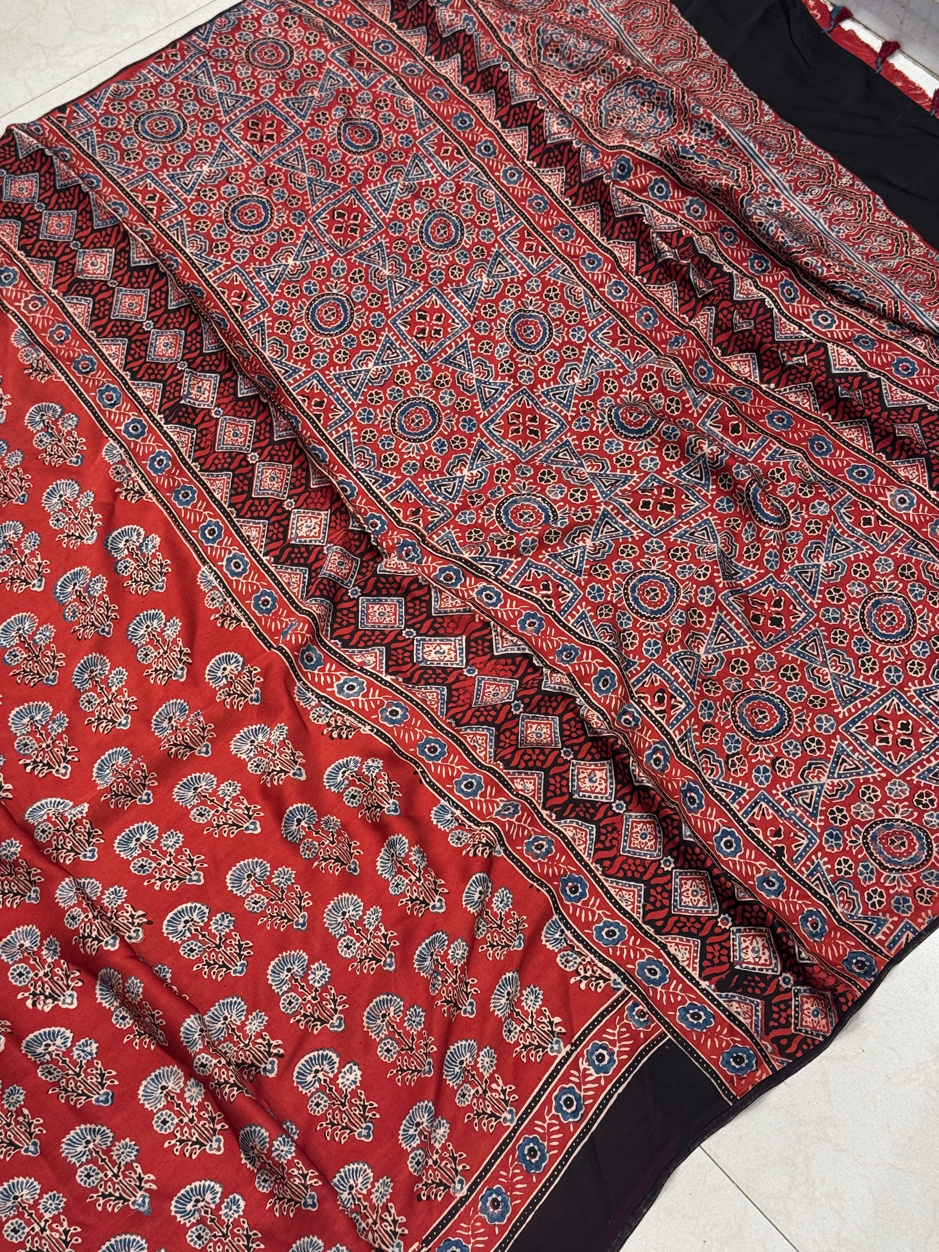 Red Floral Butta Ajrakh Hand Block Print Pure Gajji Silk Saree