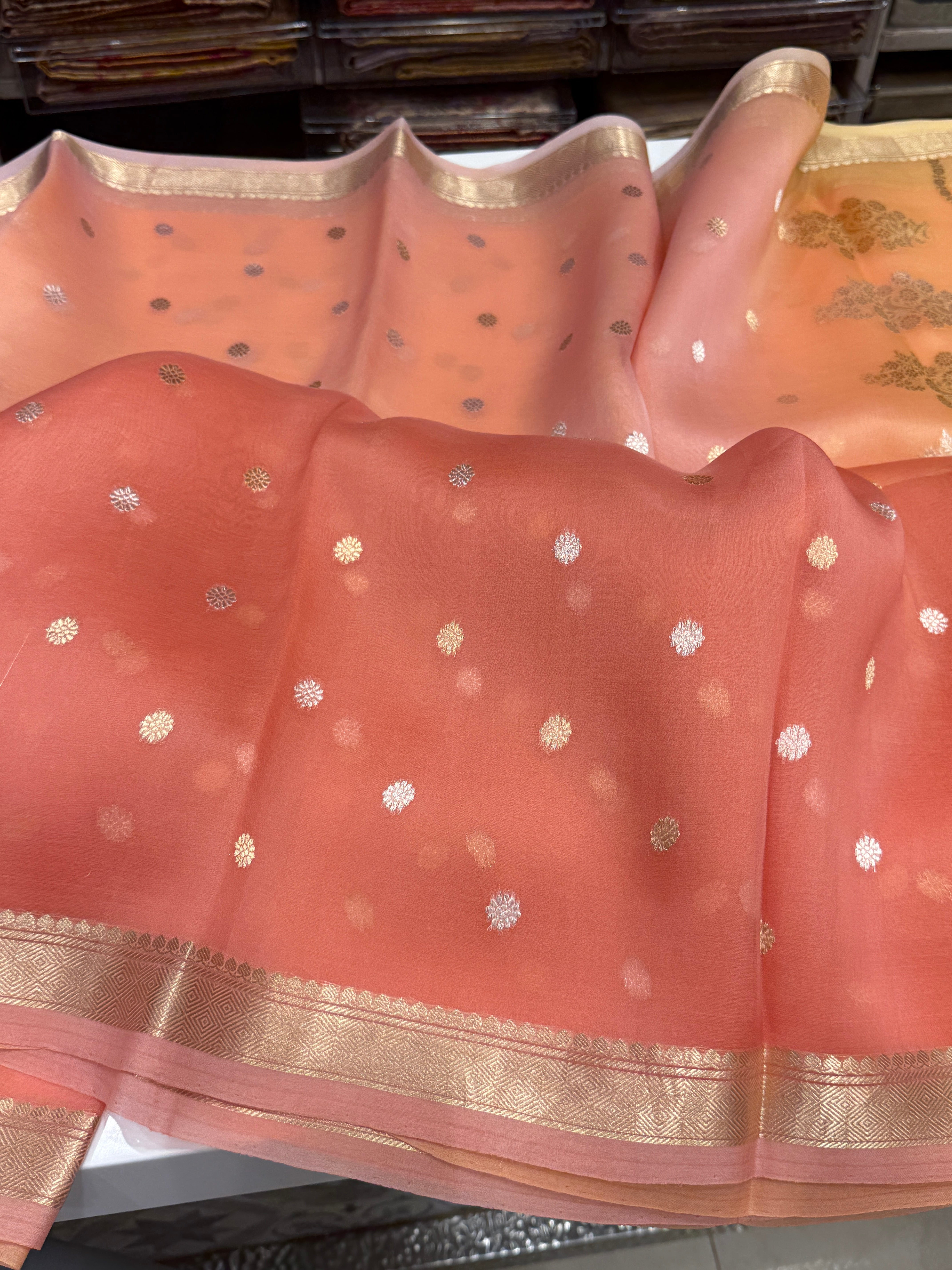 Orange Shaded Banarasi Handloom Kora Saree