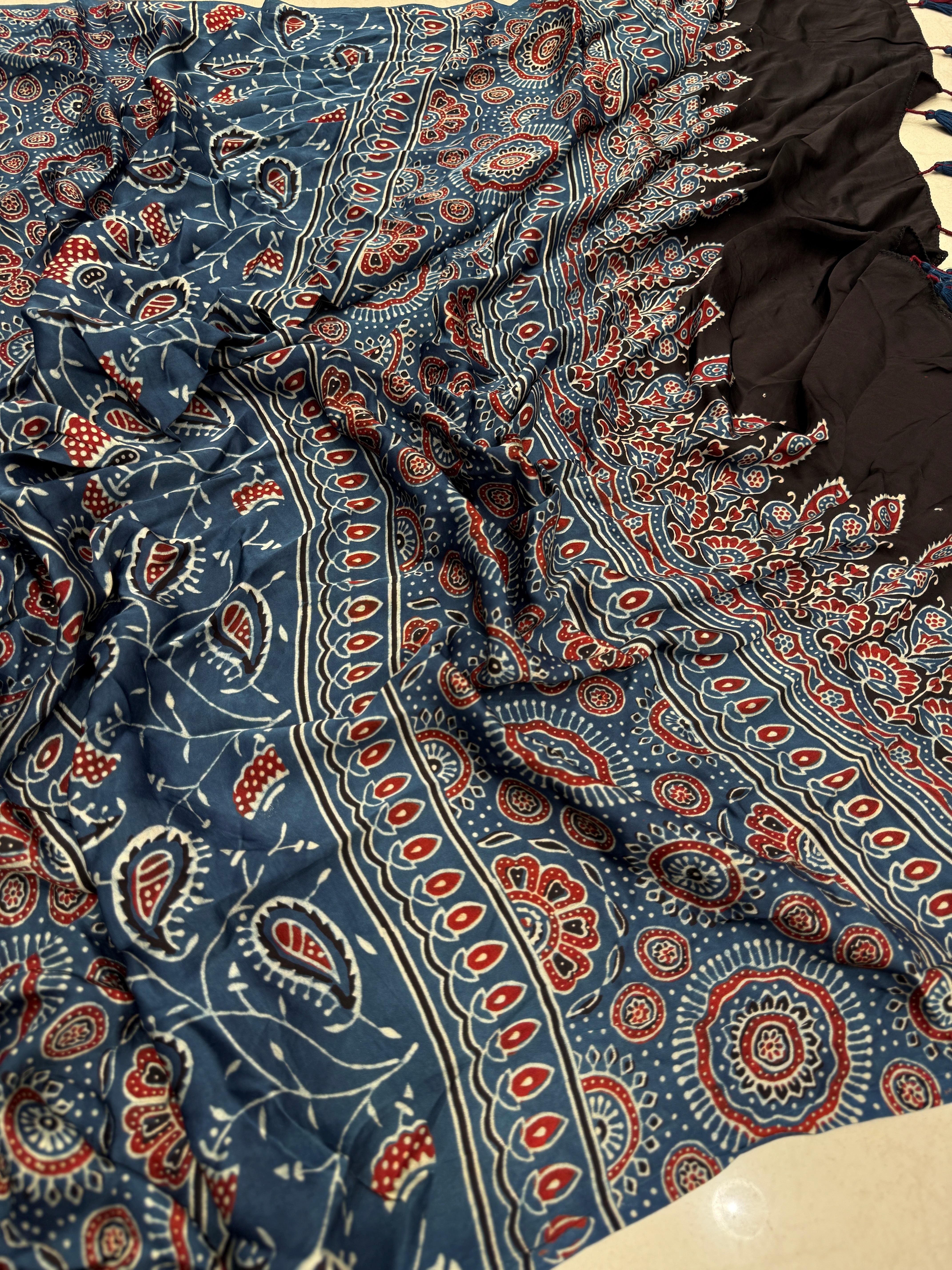 Blue Jewelled Jaal Ajrakh Modal Gajji Silk Saree