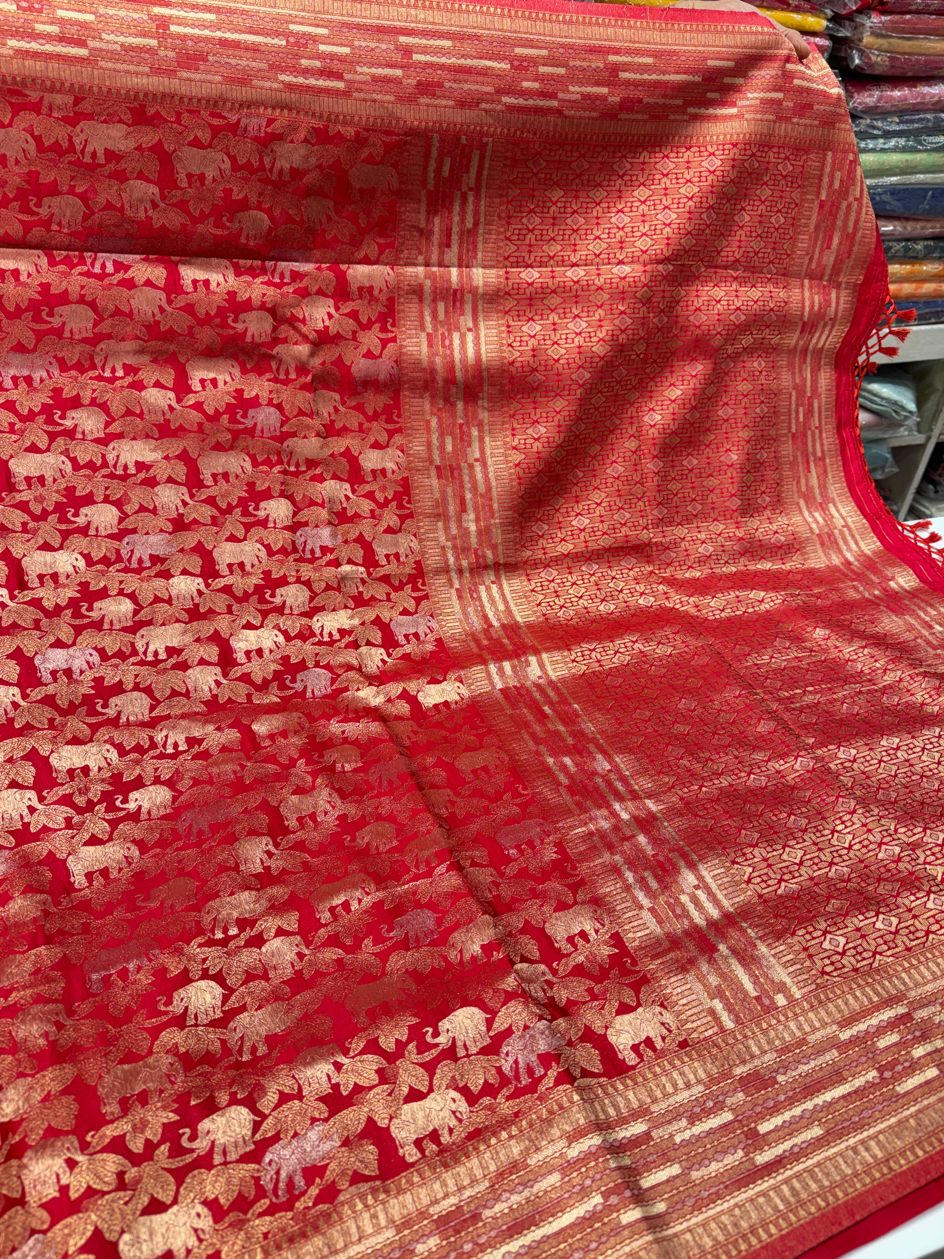 Red Banarasi Soft Silk Semi Elephant Motif Saree