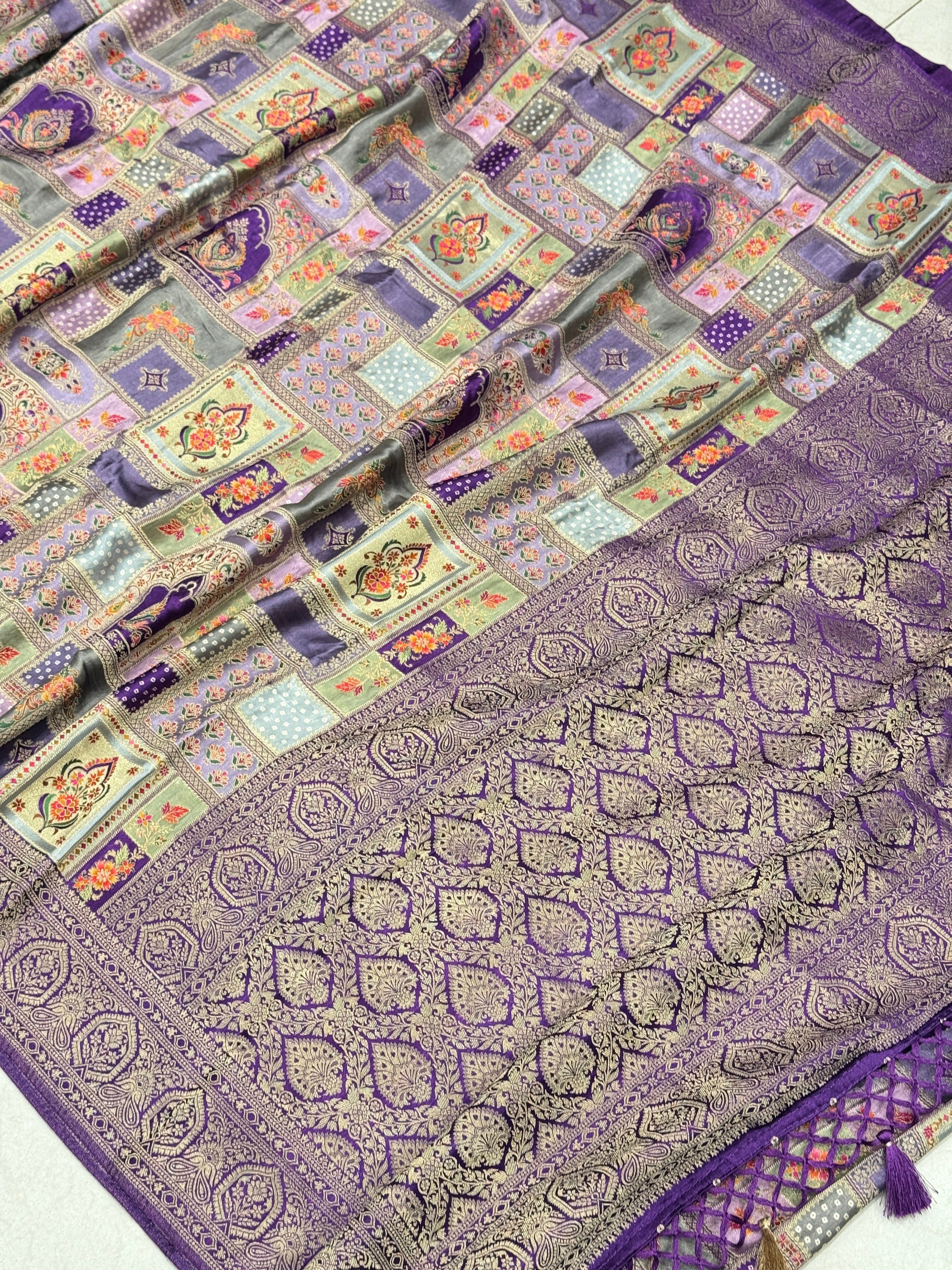 Violet Banarasi Modal Rangkat Satin Checkered Temple Silk Saree
