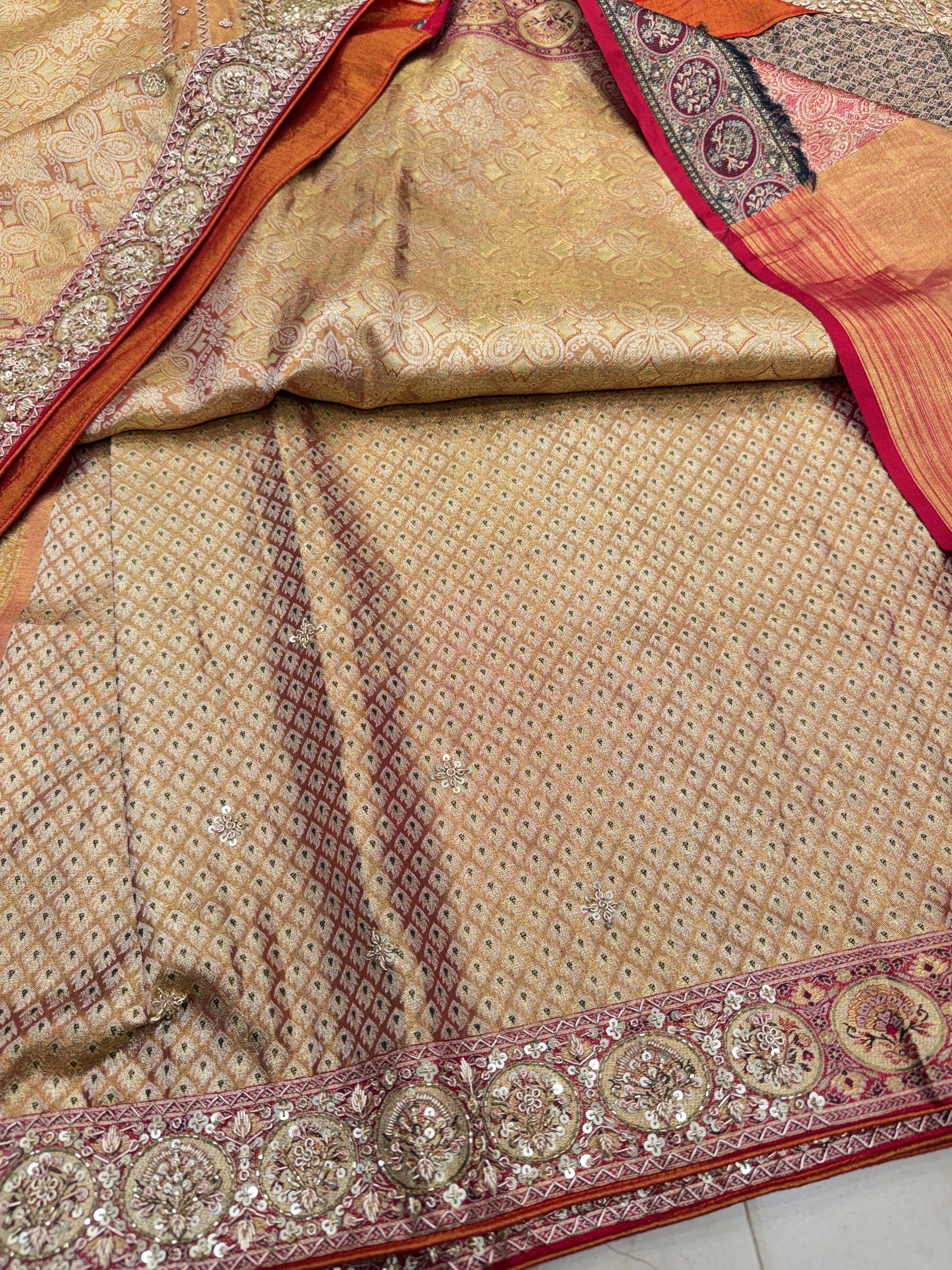 Golden Red Dhup Chav Kanjivaram Small Border Hand Embroidery Zardosi Saree