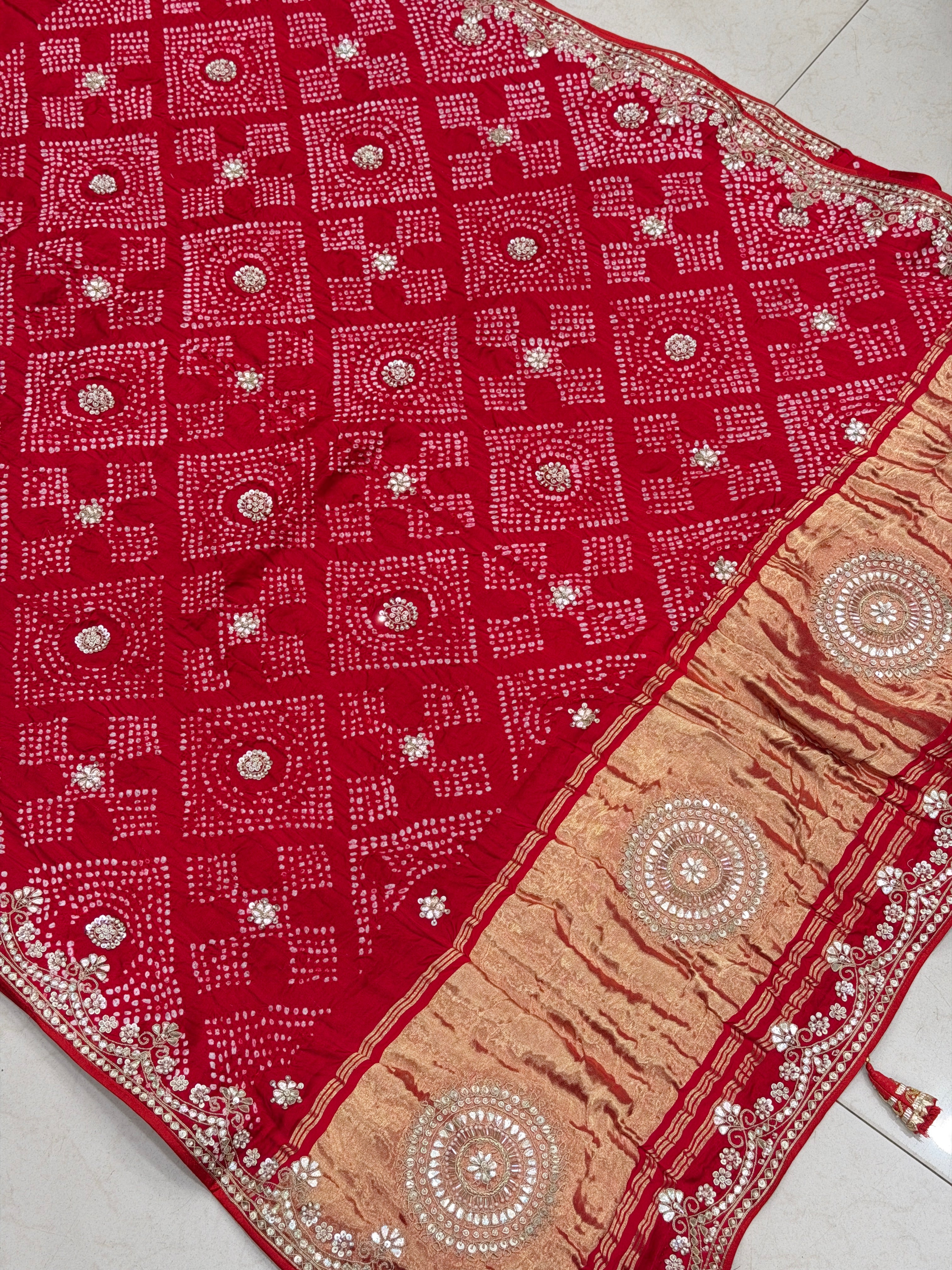 Red Gajji Silk Bandhej Hand Done Gotapatti Saree
