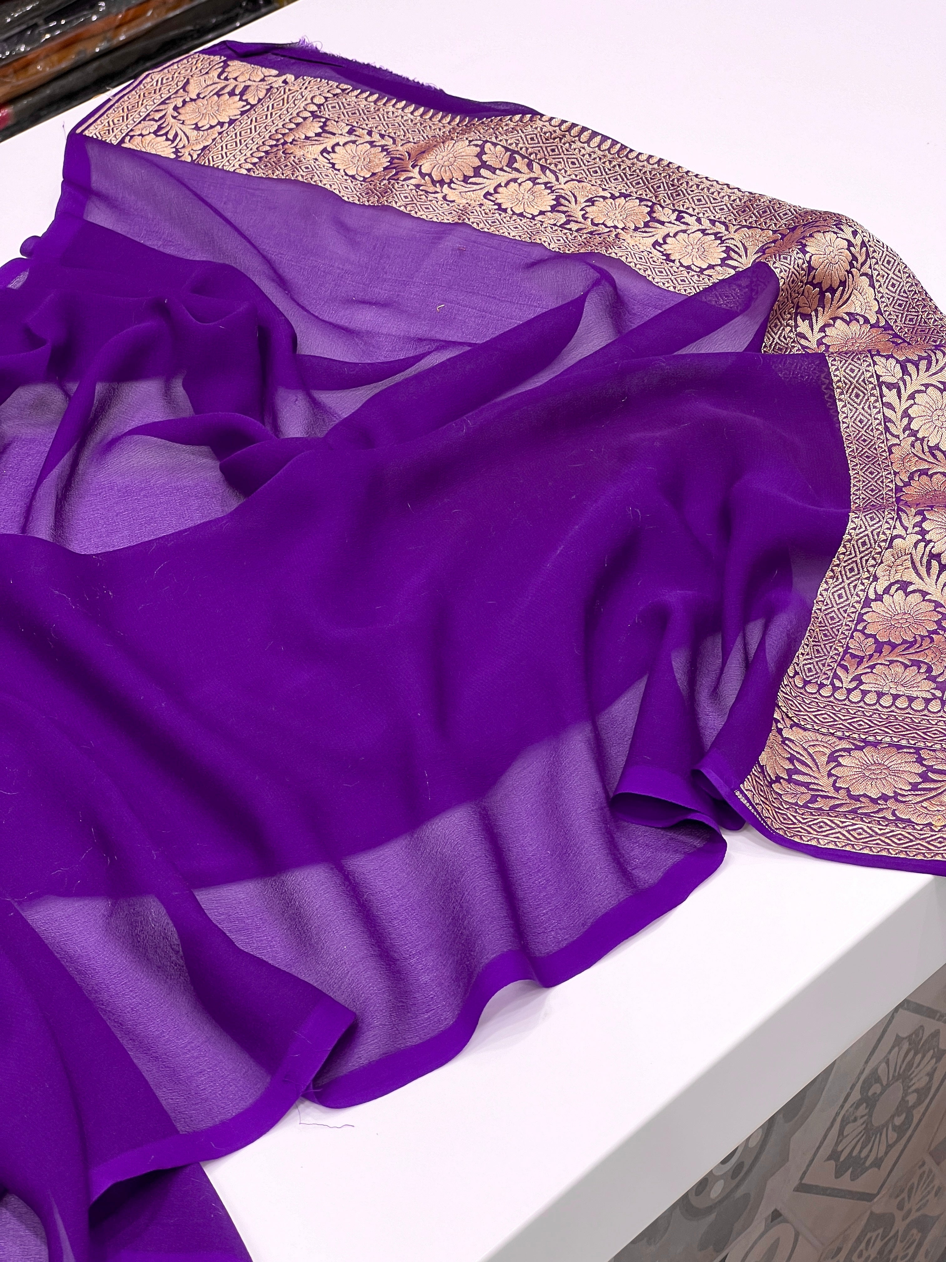 Beige Violet Handloom Georgette Jaal Saree