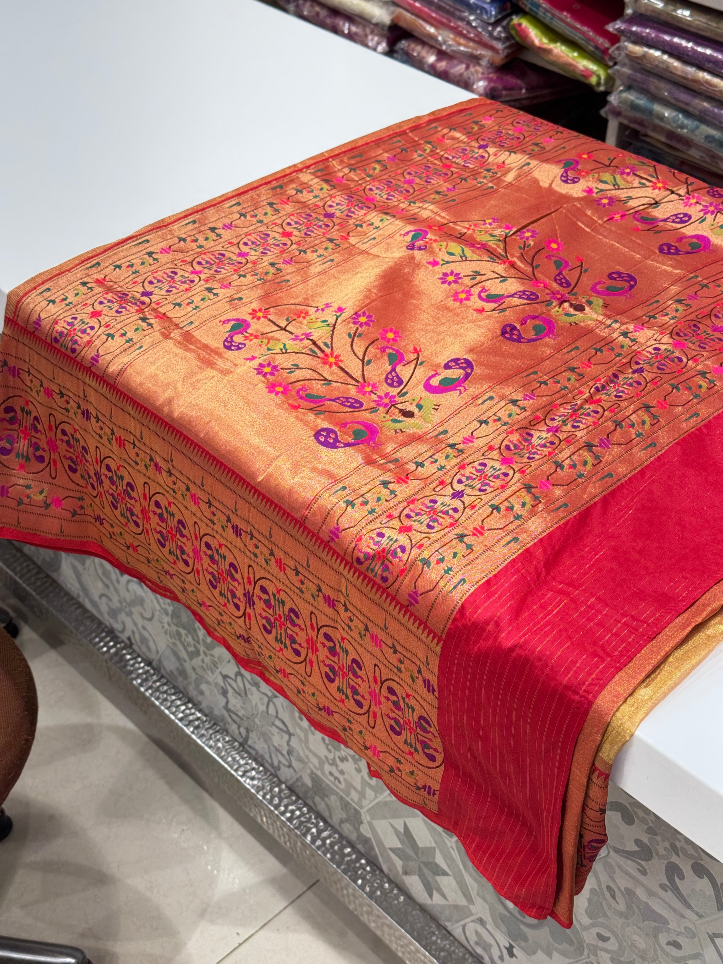 Gold Tissue Paithani Big Floral Border Saree