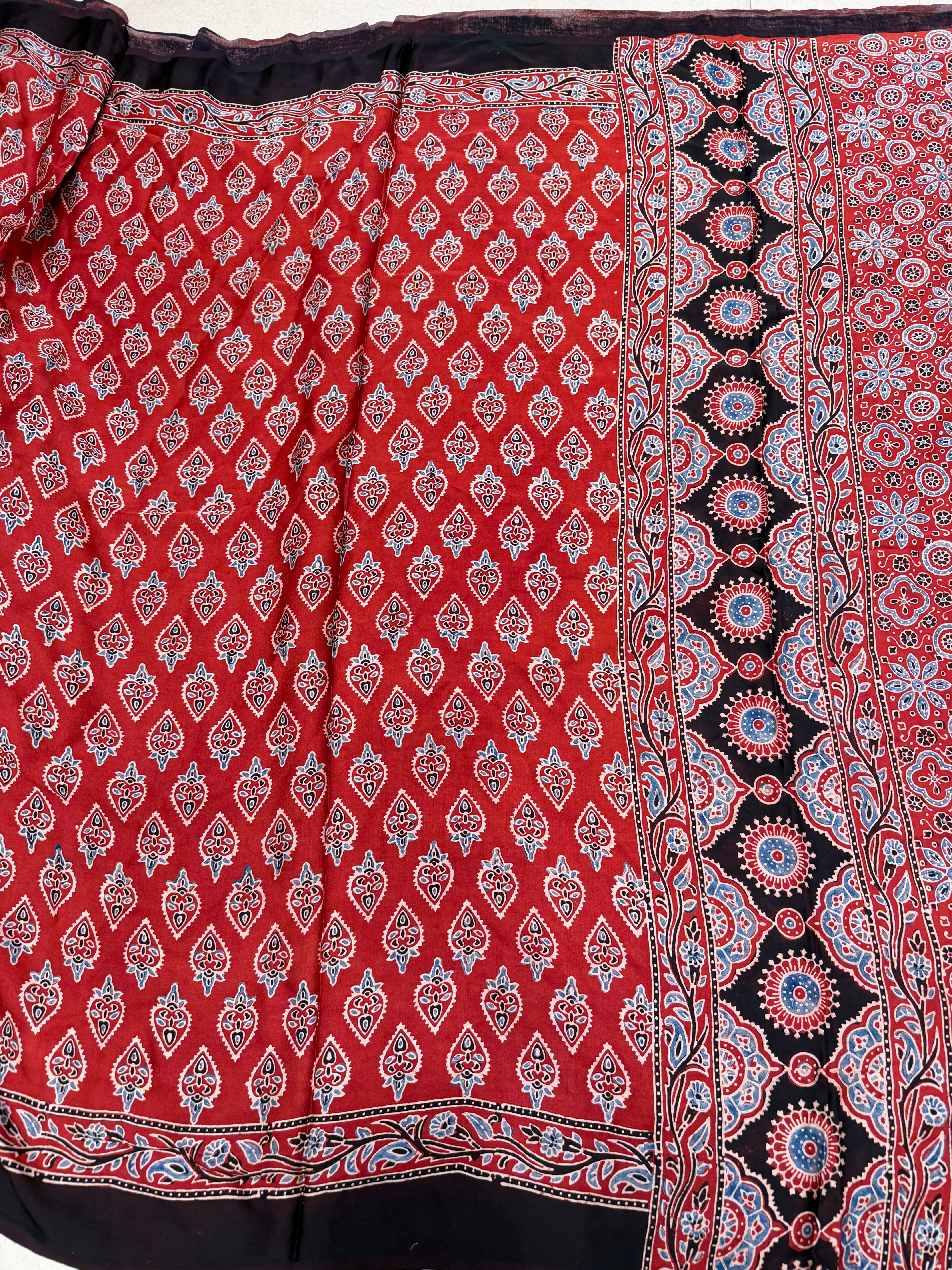 Red Keri Buttis Ajrakh Hand Block Print Pure Gajji Silk Saree