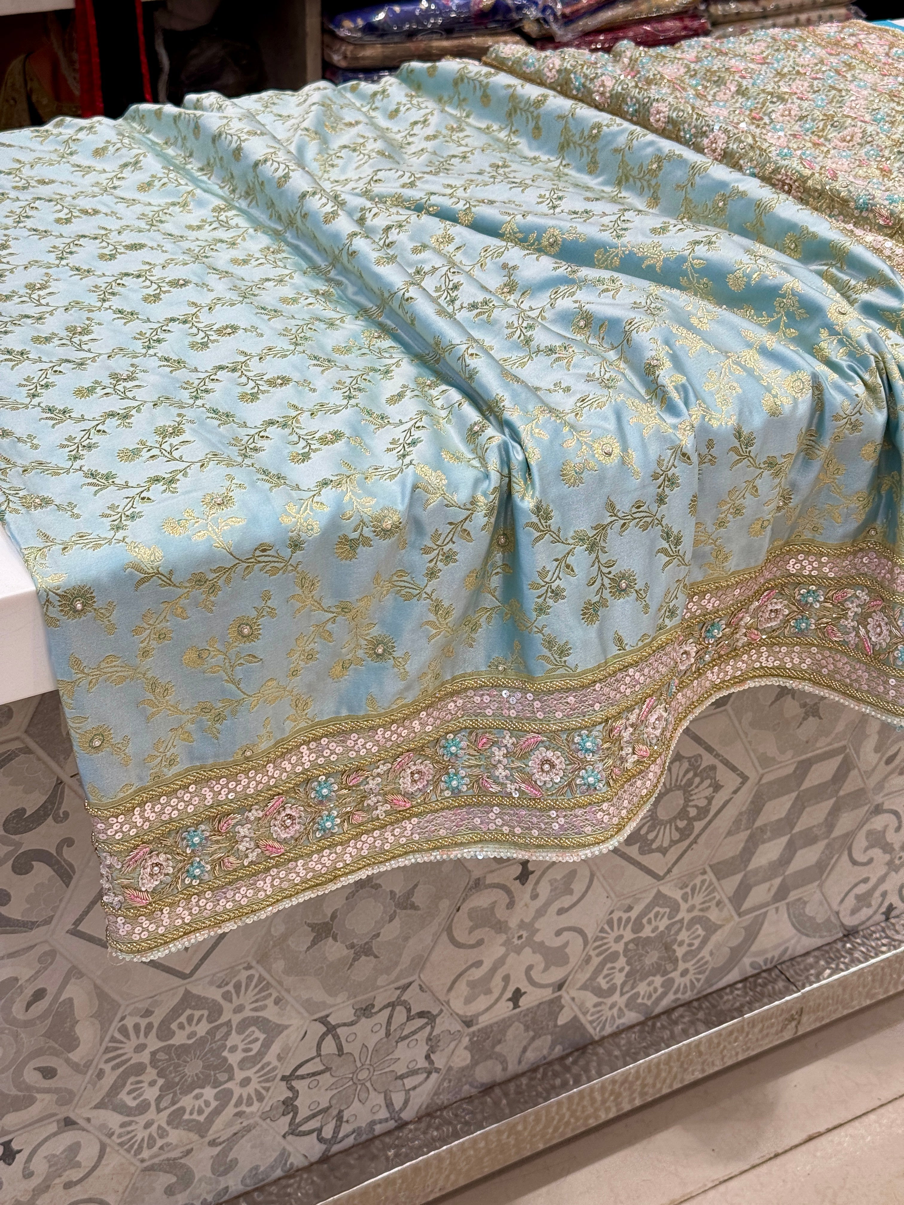 Light Blue Banarasi Flower Border Moti Hand Embroidery Saree