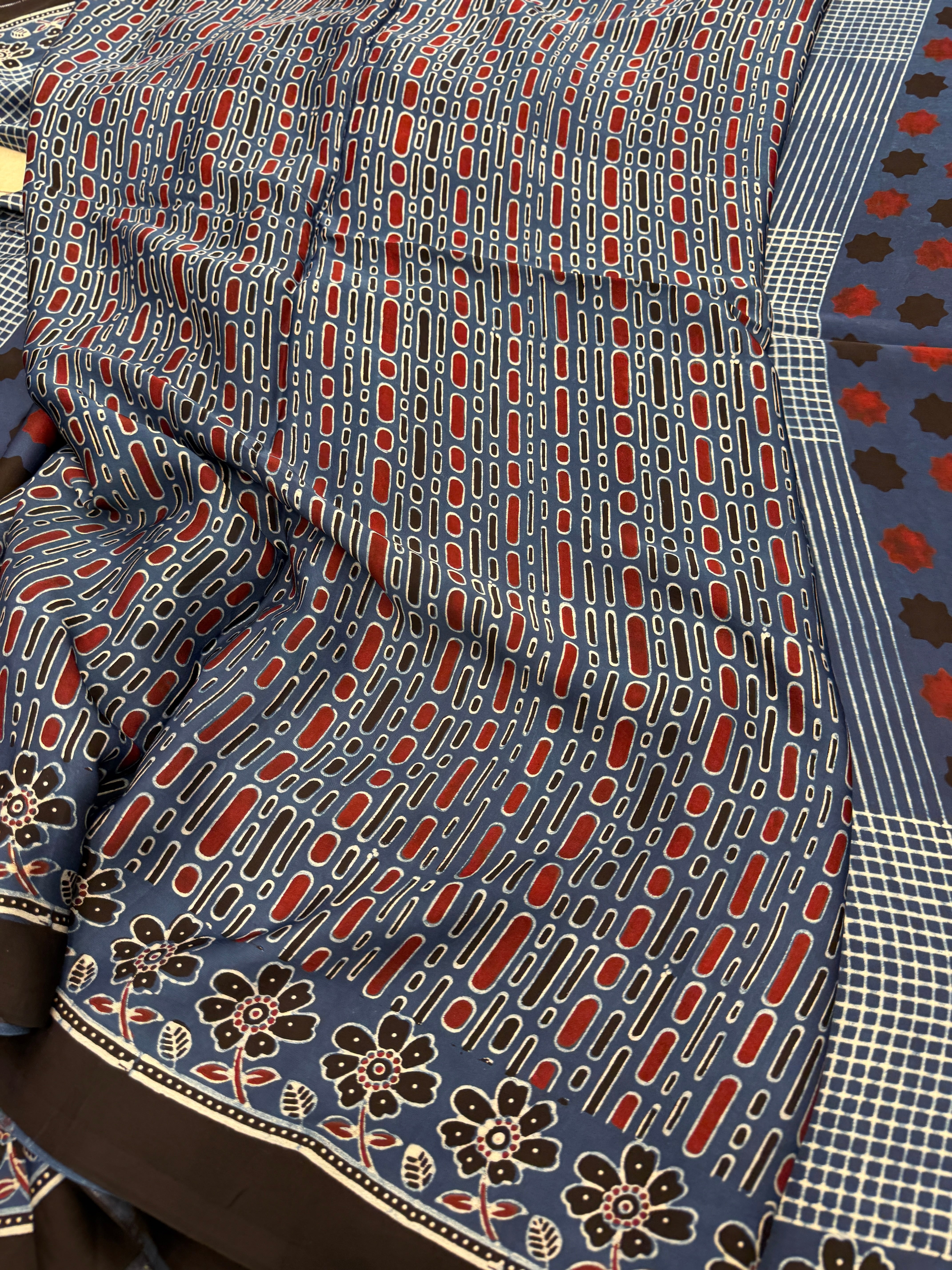 Blue Contemporary Modal Gajji Silk Ajrakh Saree