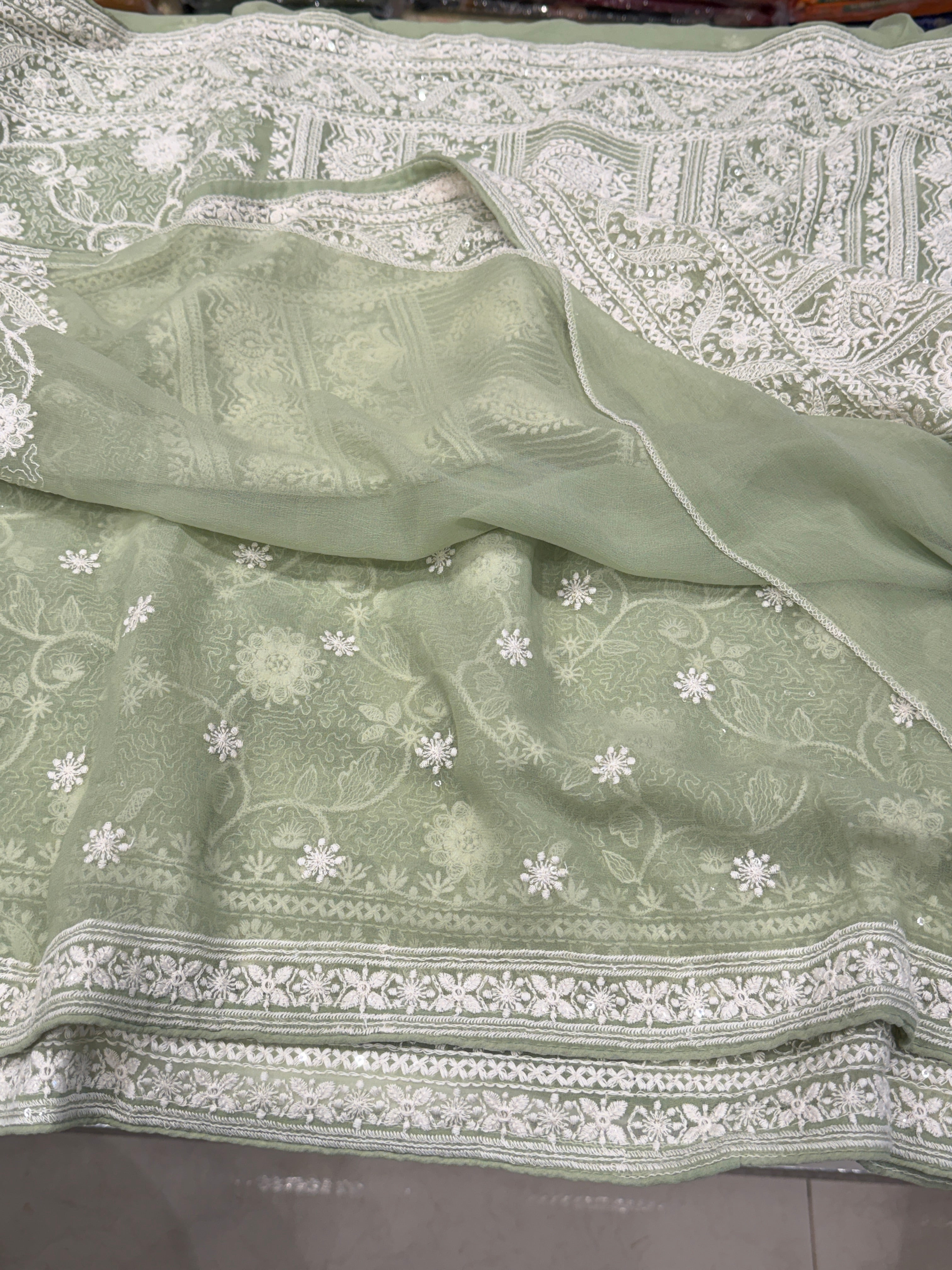 Pista Green Georgette Chikankari Line Jaal Resham Embroidery Saree