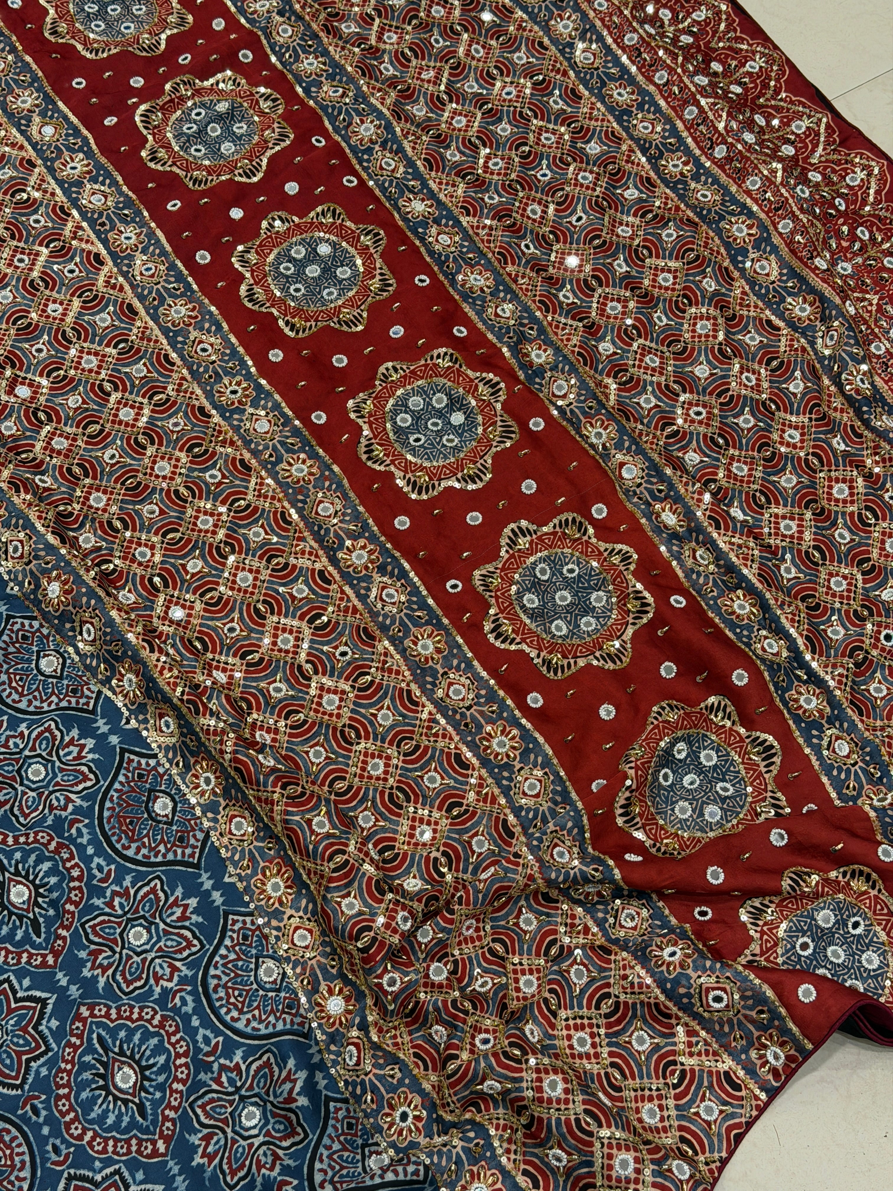 Blue Red Badam Buttis Ajrakh Real Mirror Moti Sequin Hand Embroidery Saree