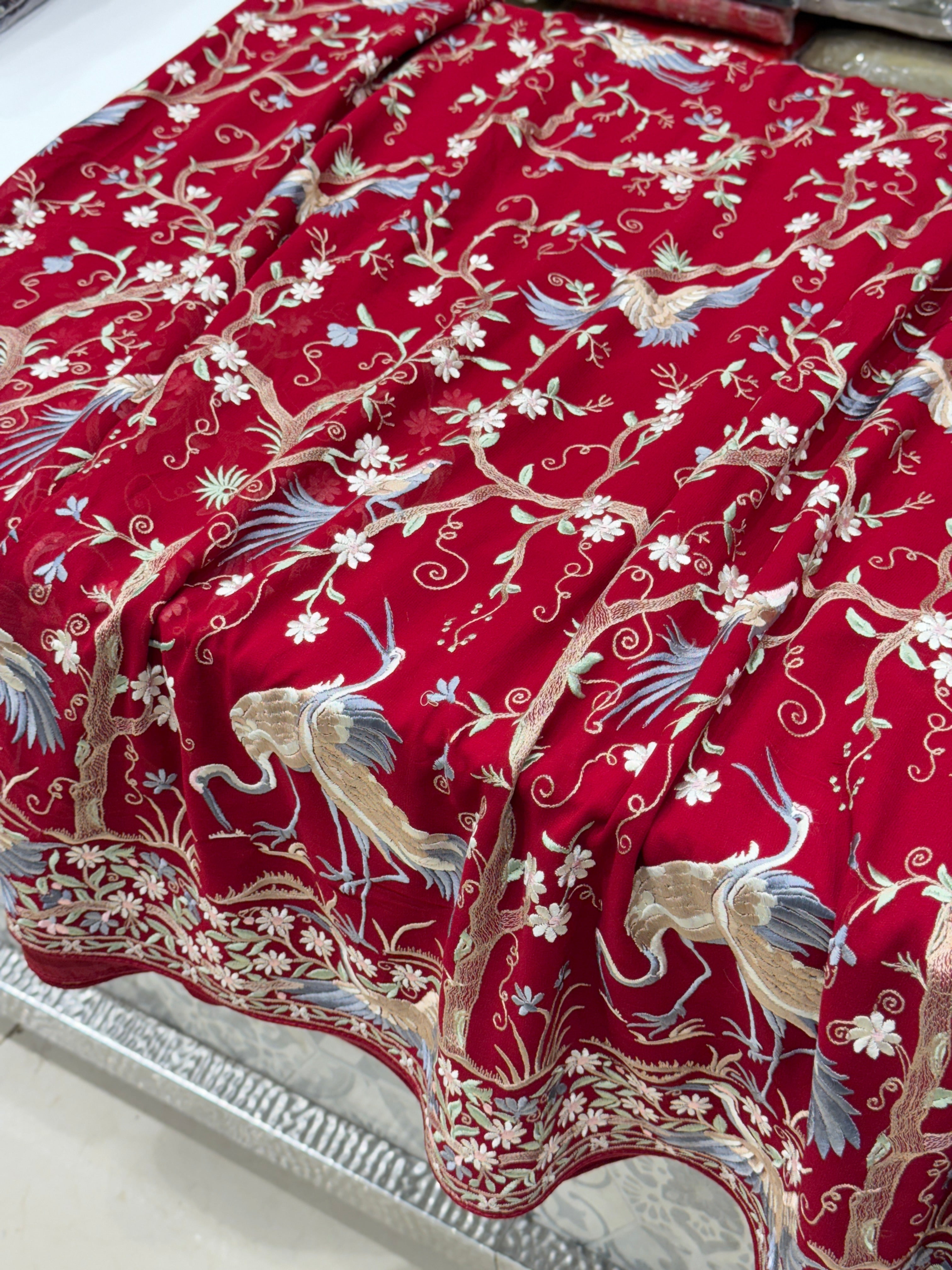 Red Tree Of Life Flamingo Parsi Gara Saree