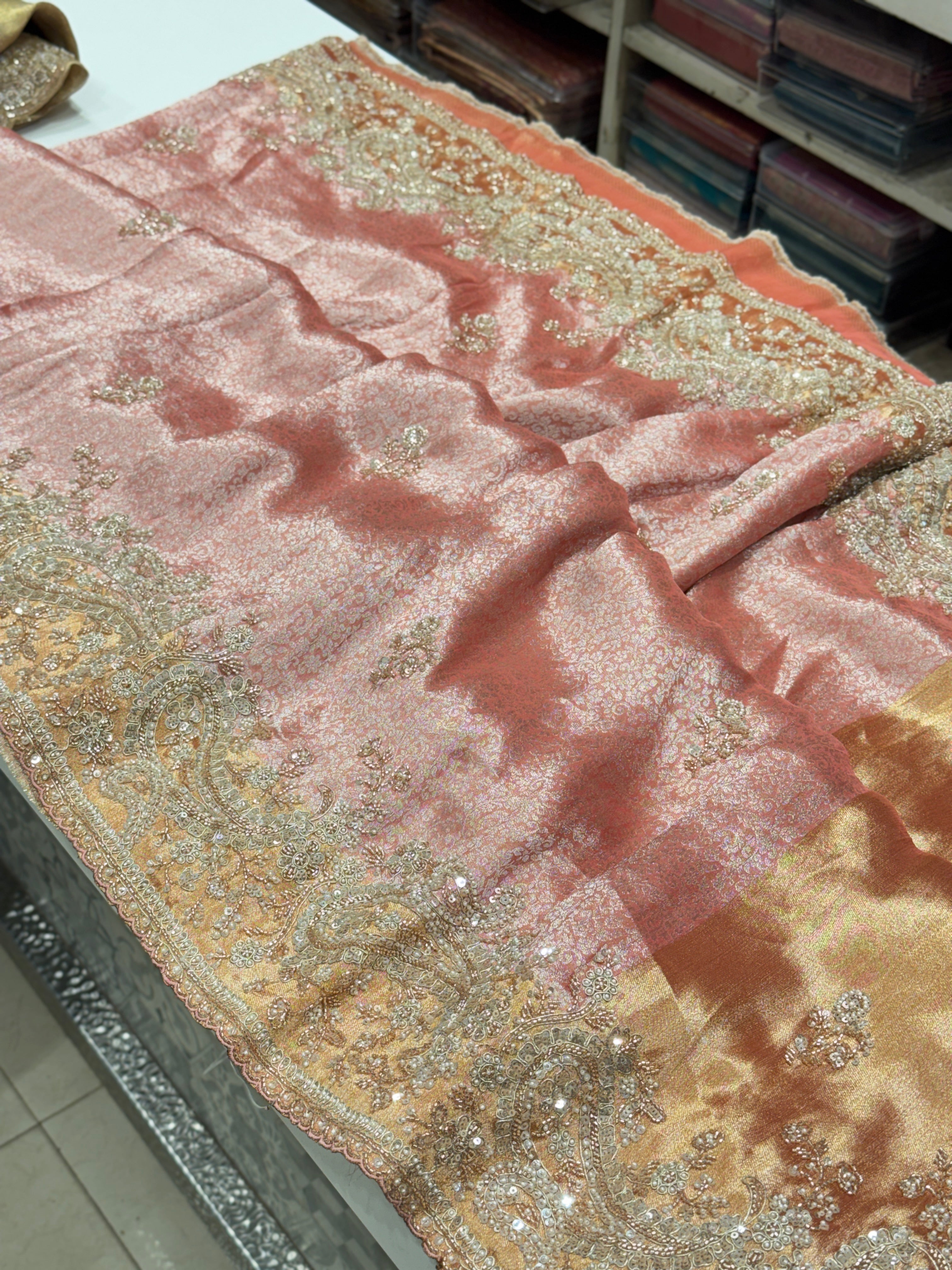 Pink Soft Silk Crystal Moti Embroidered Saree