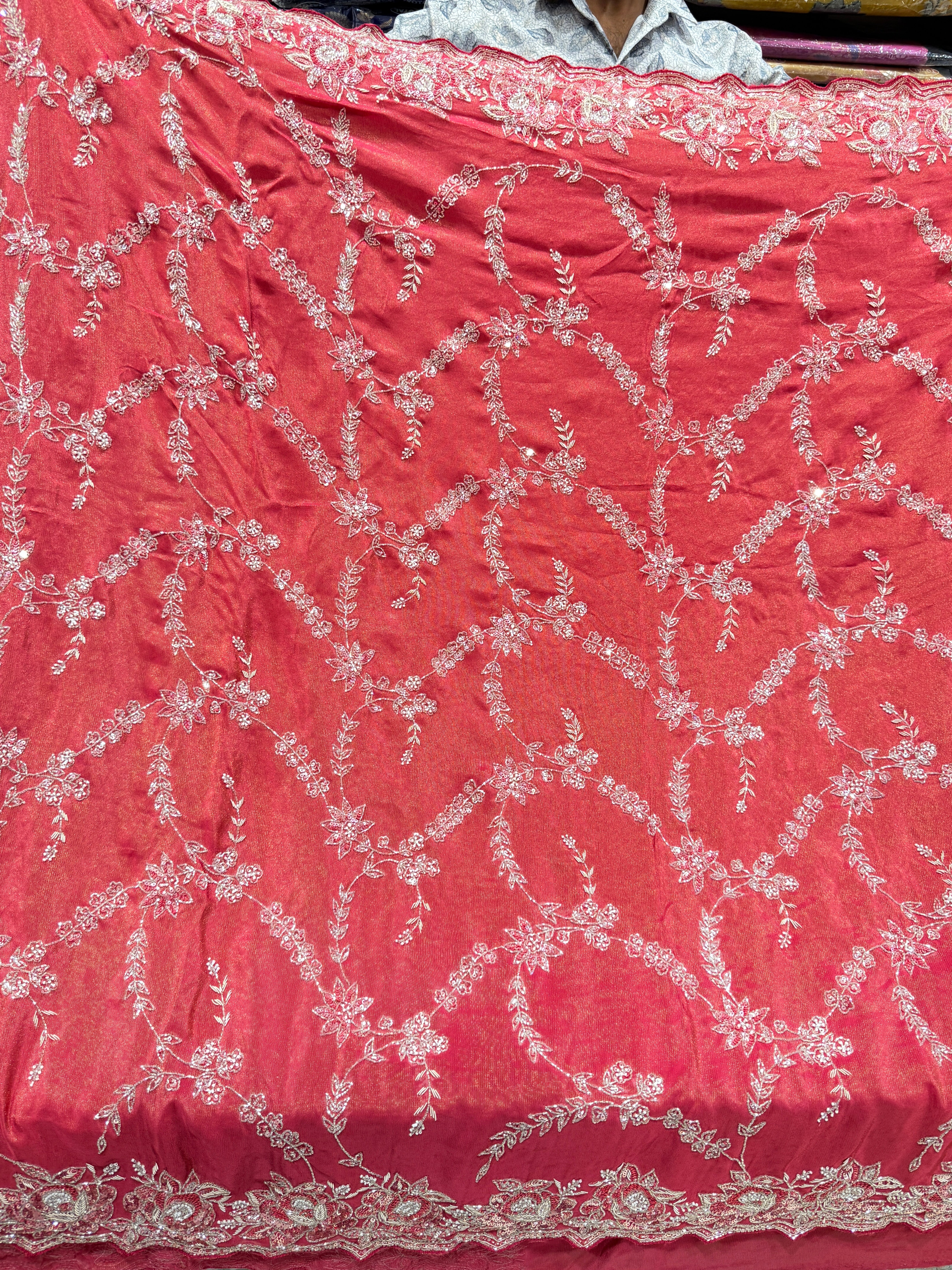 Rust Crepe Tissue Zardosi Jaal Saree