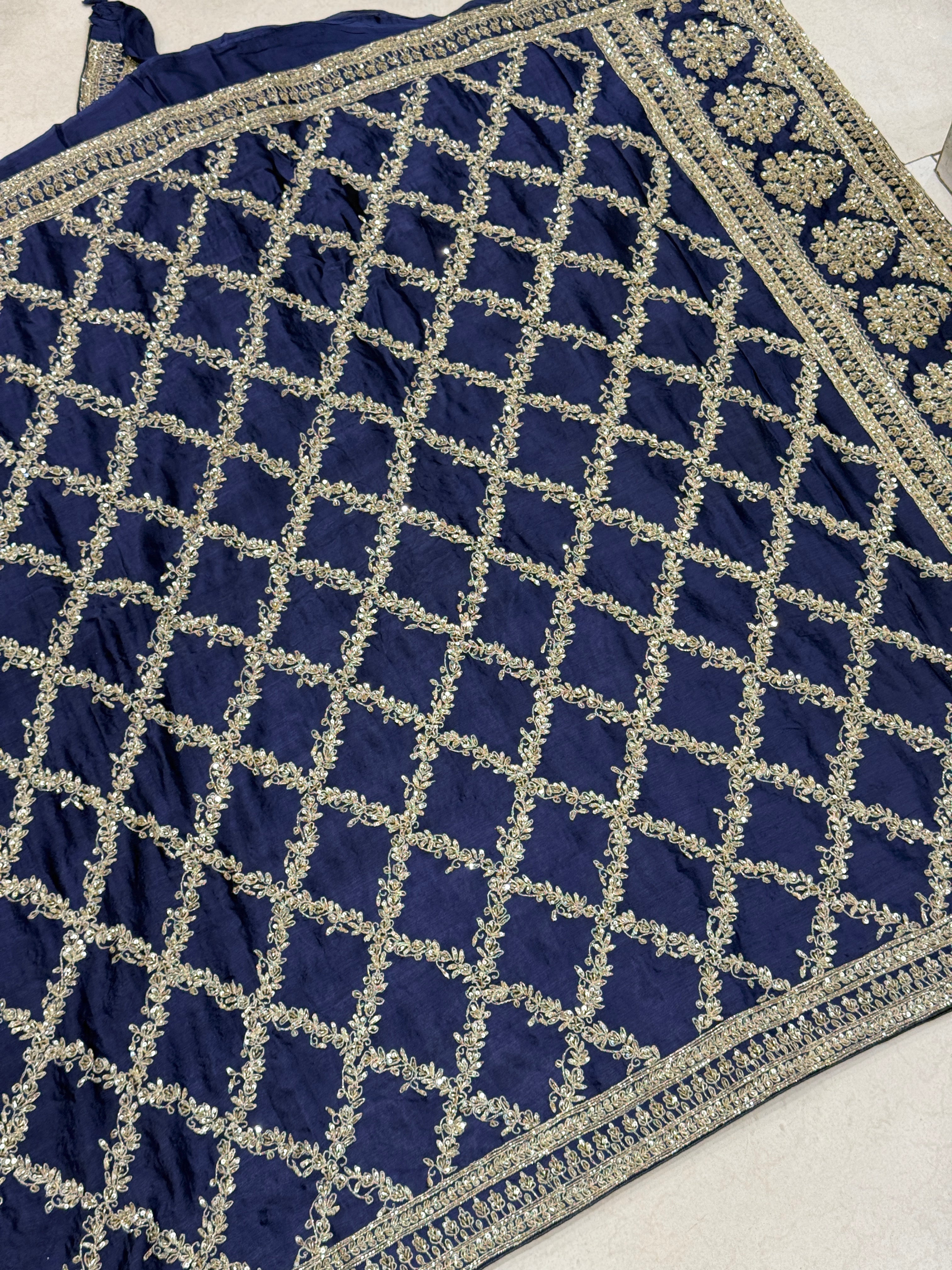 Blue Crepe Satin Sabyasachi Inspired Zardosi Jaal Embroidery Saree